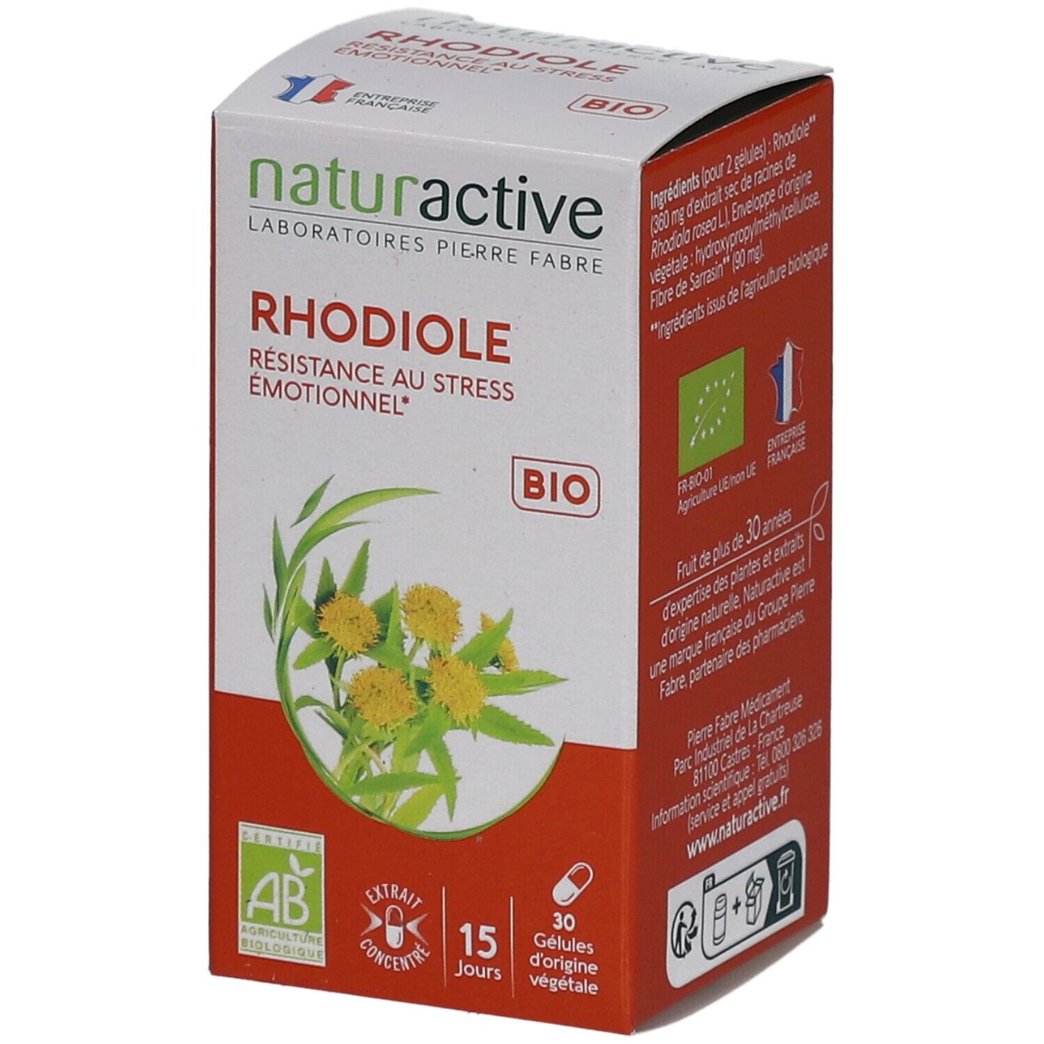 Boîte de produit avec logo et nom. Contient 30 gélules. Certifications Bio et origine France.