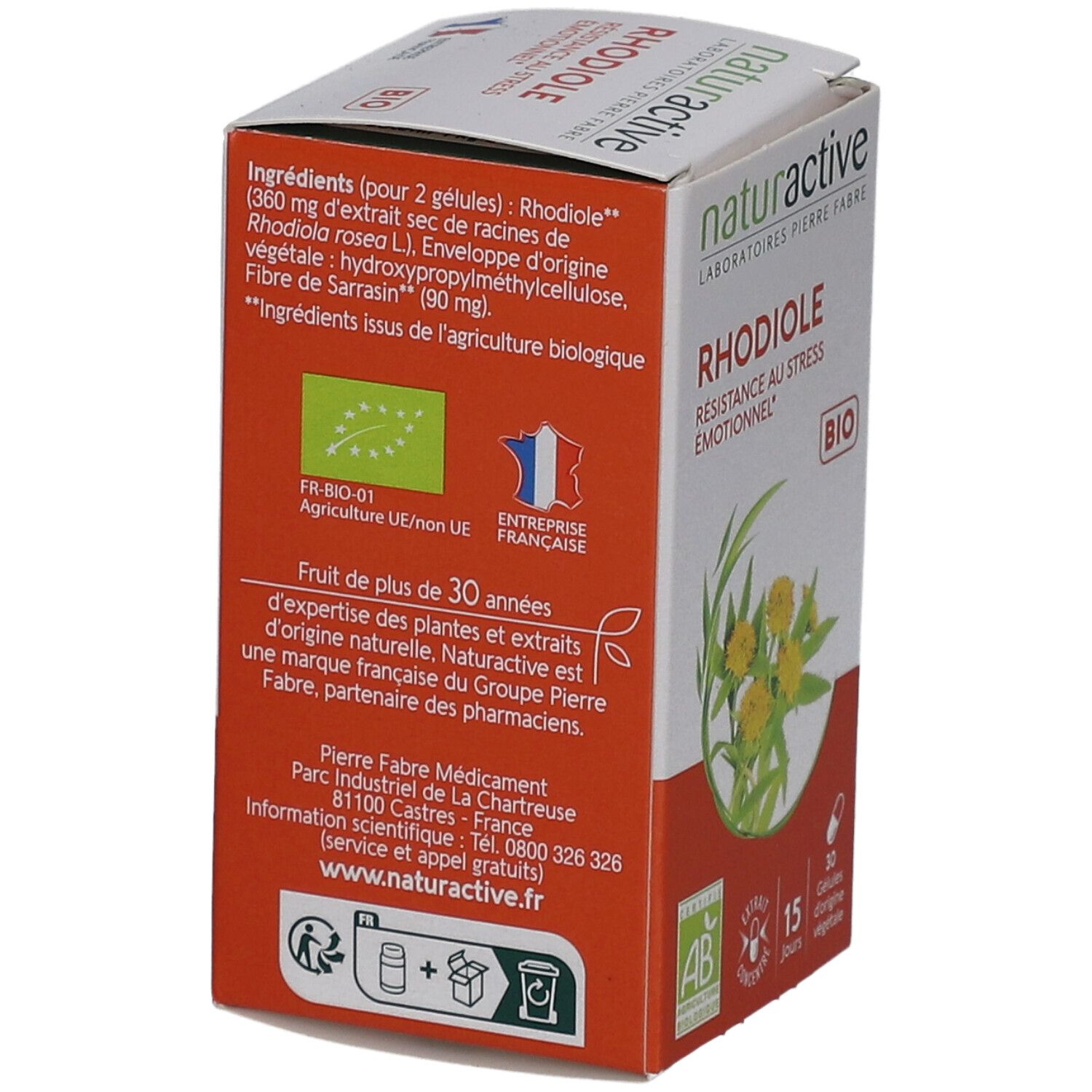 Dos de la boîte avec ingrédients et certifications. Origine France et certification Bio.