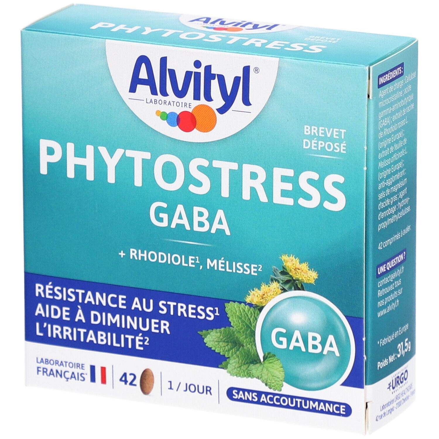 ALVITYL Phytostress-Verpackung. Blaue Schachtel mit Produktnamen und Logo. Enthält 42 Tabletten. Französische Flagge.