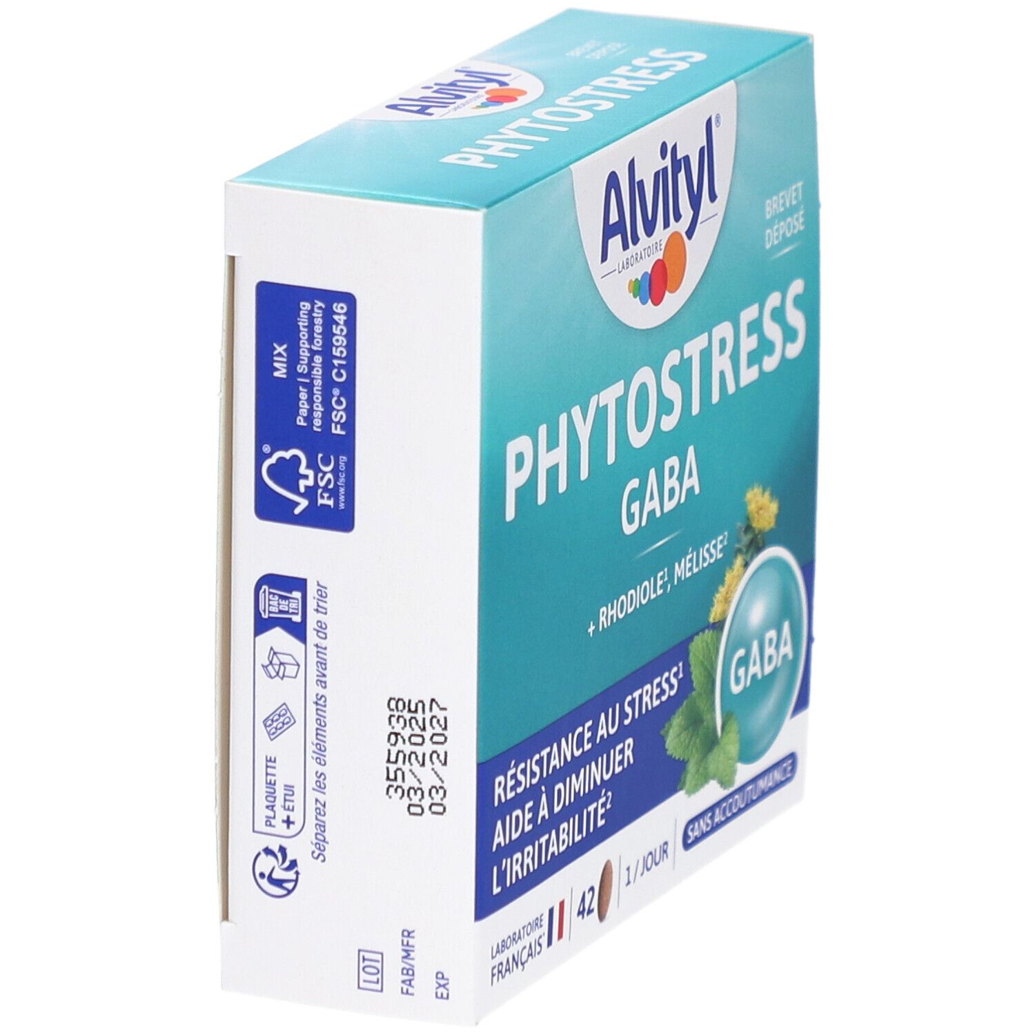 ALVITYL Phytostress-Verpackung, schräg. Blaue Schachtel mit Produktnamen und Logo. FSC-Logo.