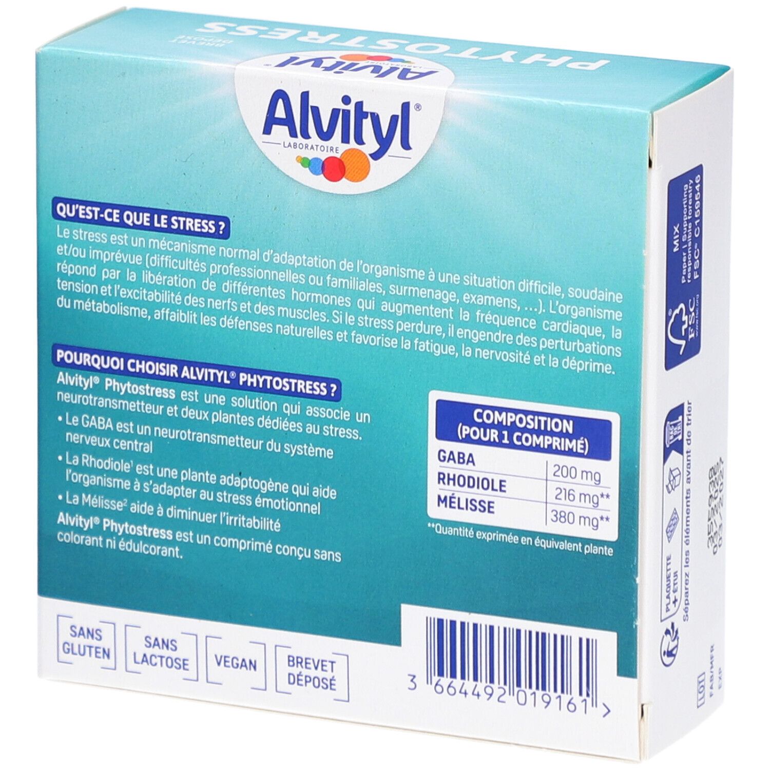 Rückseite der ALVITYL Phytostress-Verpackung. Text über Stress und Inhaltsstoffe. Vegan-Logo.