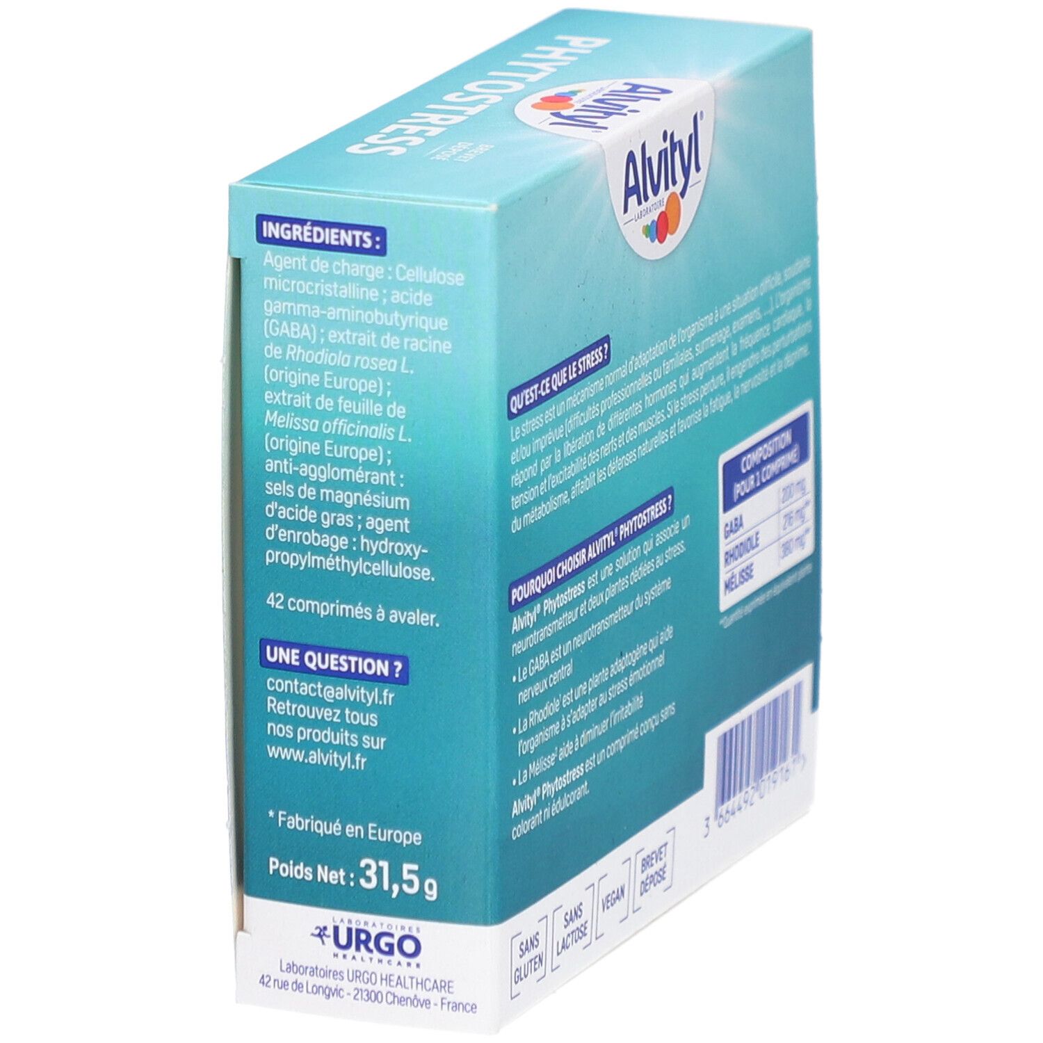 Rückseite der ALVITYL Phytostress-Verpackung, schräg. Text über Inhaltsstoffe und Zusammensetzung. Vegan-Logo.