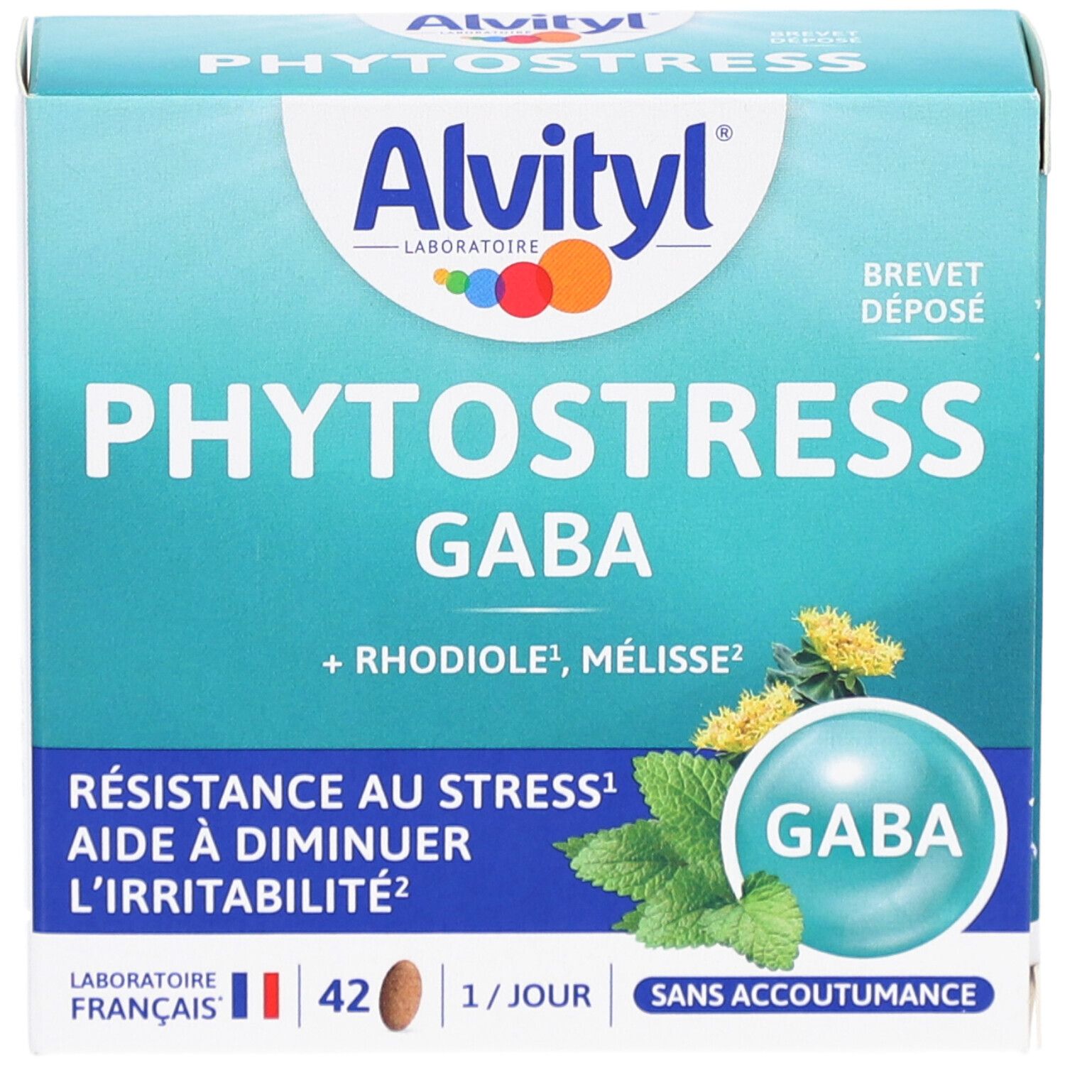 ALVITYL Phytostress-Verpackung. Blaue Schachtel mit Produktnamen und Logo. Enthält 42 Tabletten. Französische Flagge.