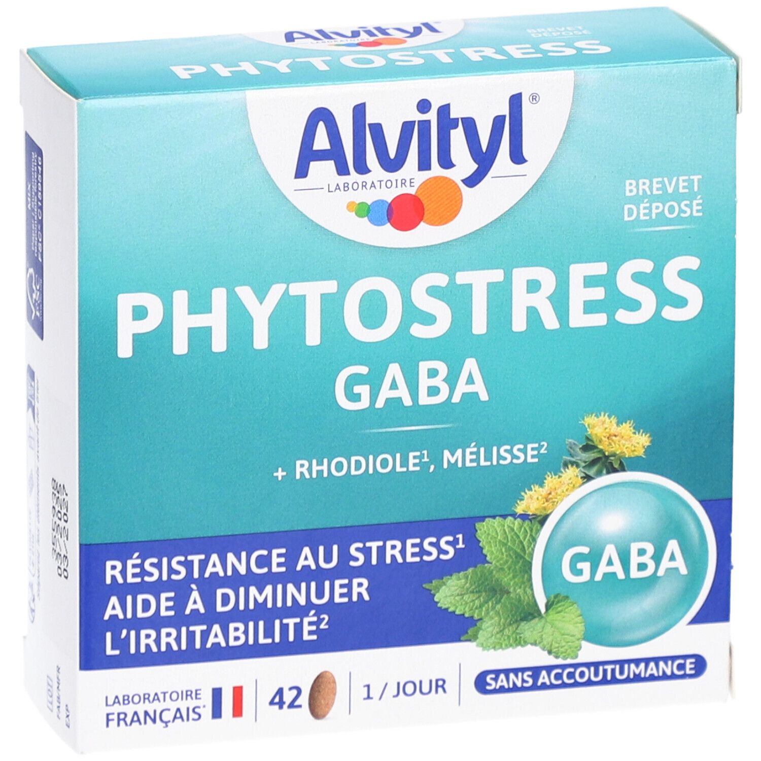 ALVITYL Phytostress-Verpackung. Blaue Schachtel mit Produktnamen und Logo. Enthält 42 Tabletten. Französische Flagge.
