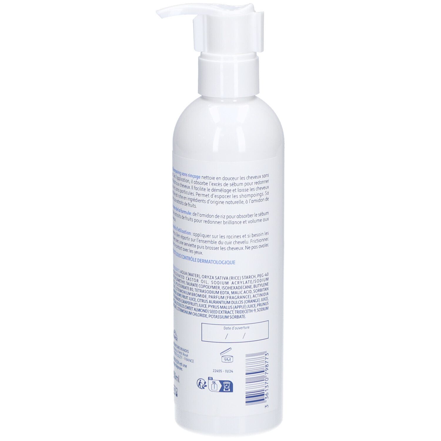 Vue arrière d'un flacon blanc. Texte: RIVADOUCE Soin, Shampoing Sans Rinçage. Ingrédients et instructions d'utilisation.