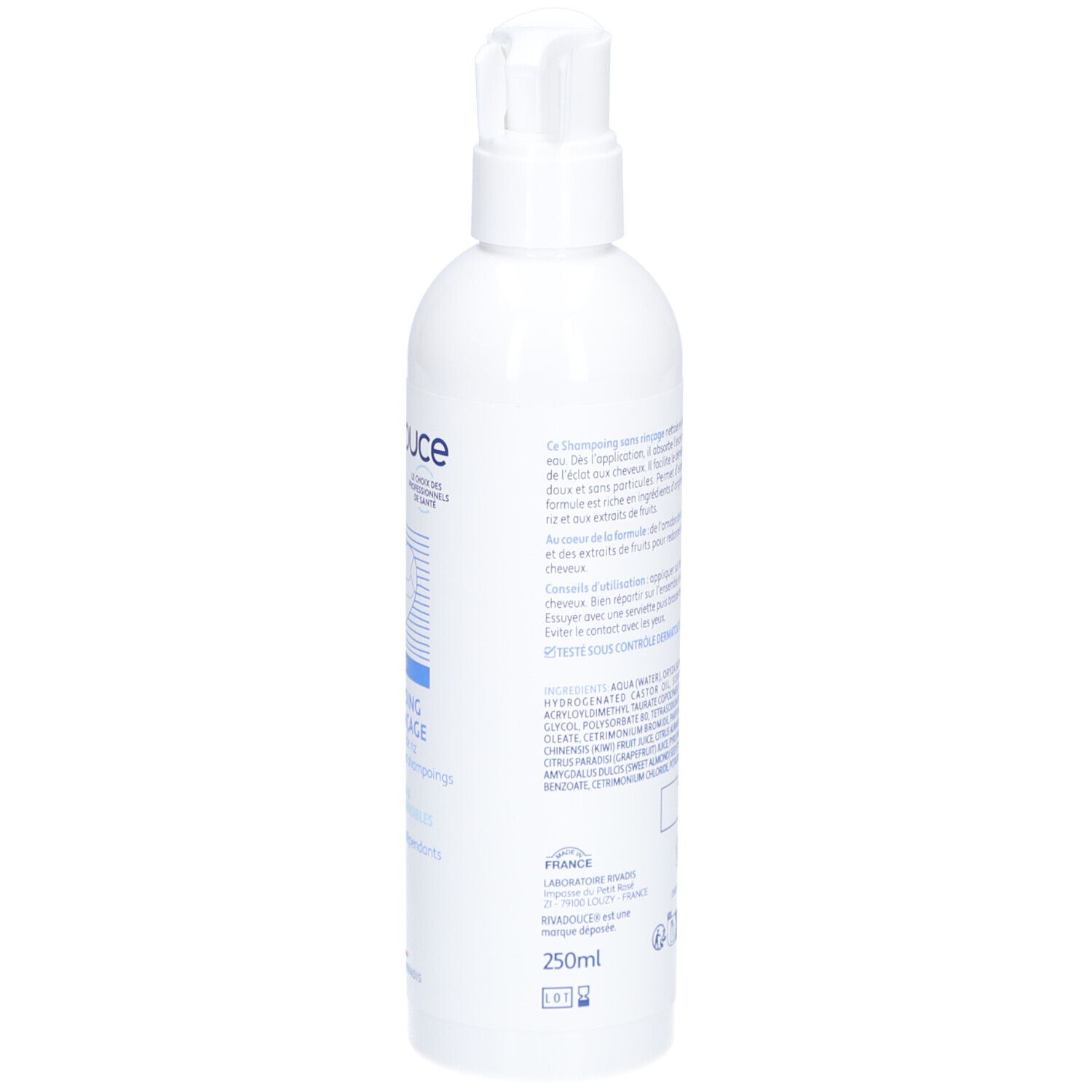 Vue arrière d'un flacon blanc. Texte: RIVADOUCE Soin, Shampoing Sans Rinçage. Volume: 250ml.