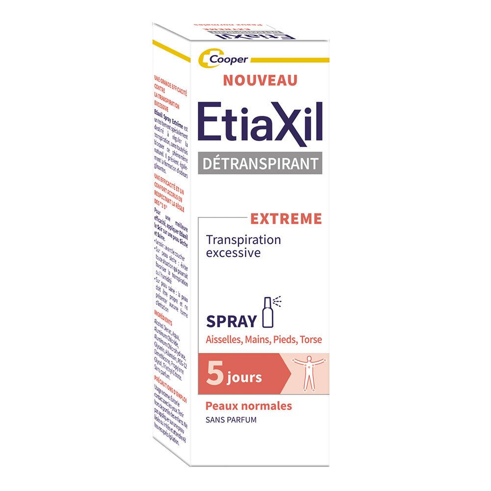 Etiaxil Deodorant Spray, Verpackung. Text: Extreme, 5 Tage, für normale Haut. Enthält Informationen zur Anwendung.