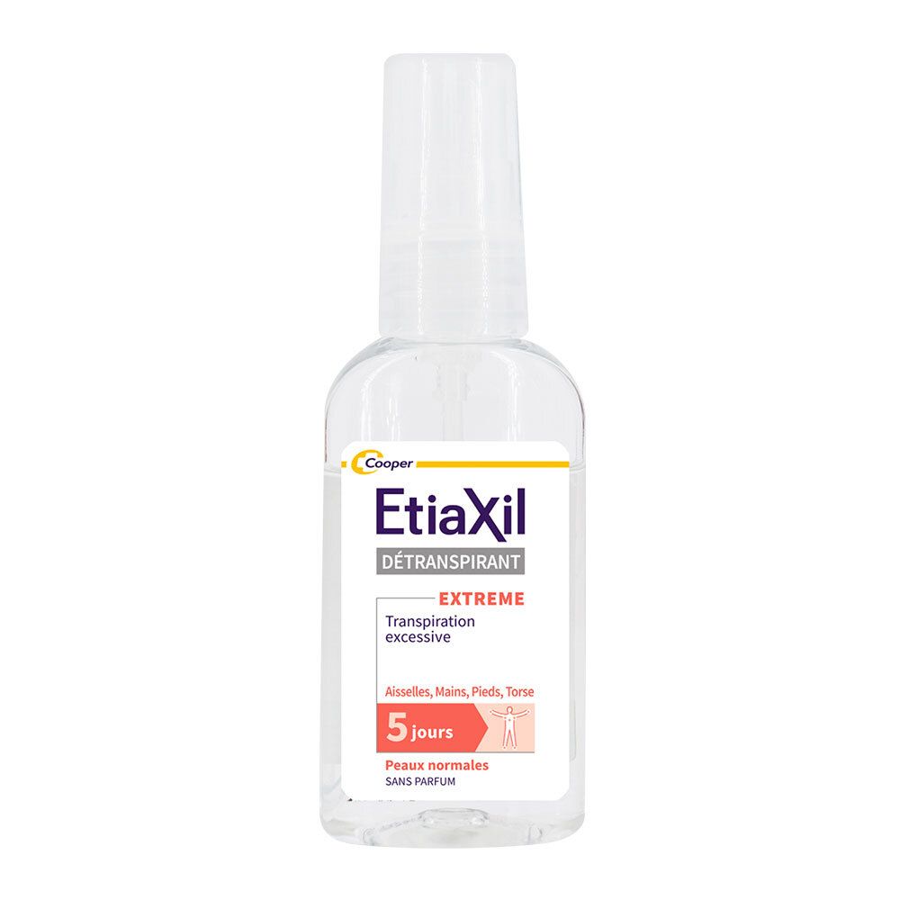 Etiaxil Deodorant Spray, transparente Flasche mit Sprühkopf. Etikett mit Produktinformationen. Für Achseln, Hände, Füße, Rumpf.