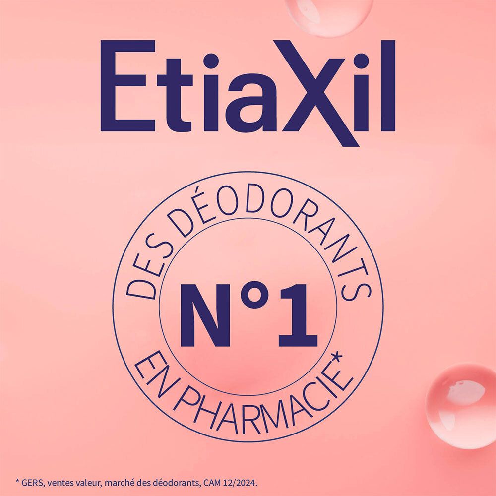 Etiaxil-Logo und Auszeichnung „Nr. 1 in der Apotheke“ auf rosa Hintergrund. Blasen im Hintergrund.