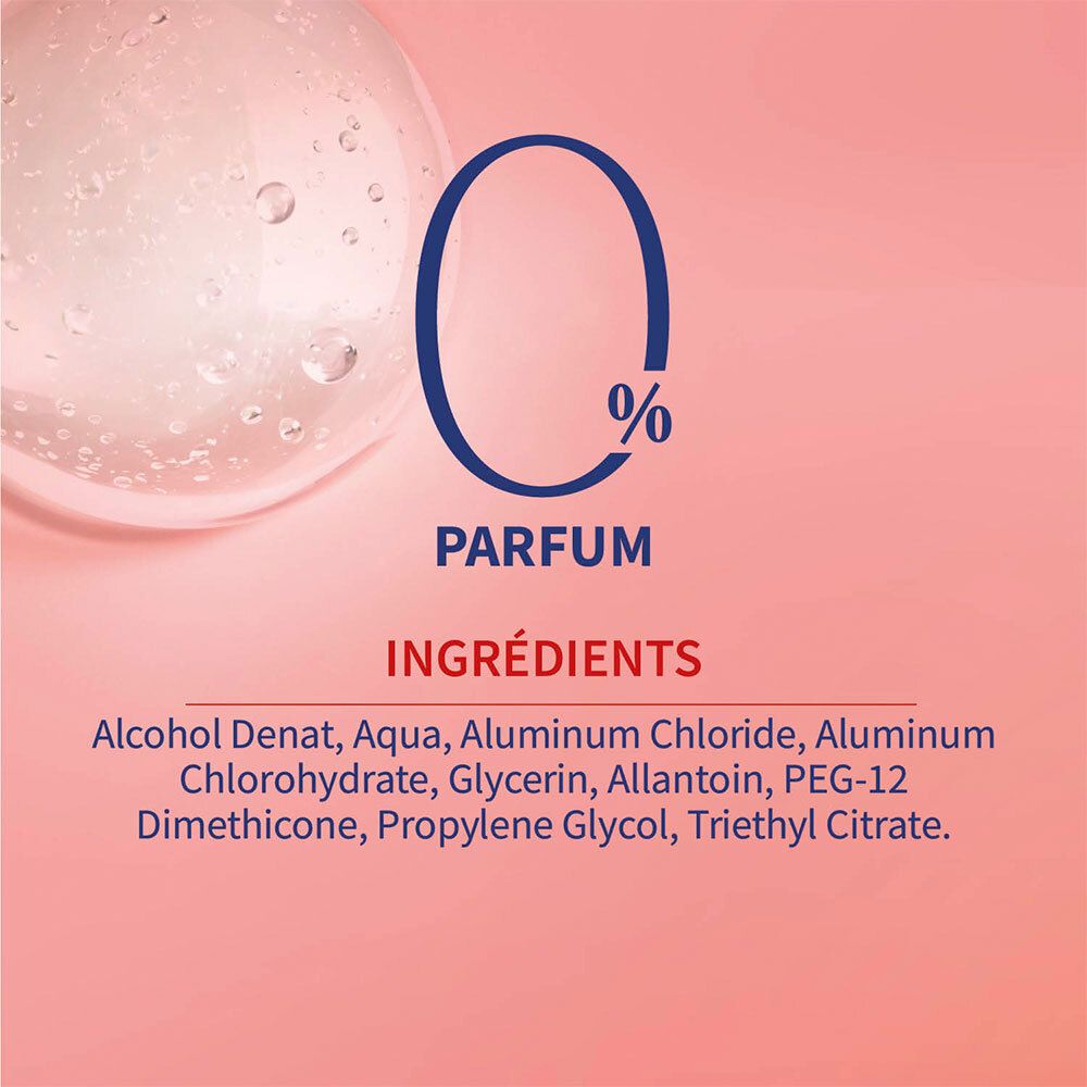 Inhaltsstoffe-Liste auf rosa Hintergrund. Enthält u.a. Alkohol Denat, Aqua, Aluminium Chloride, Glycerin, Allantoin.