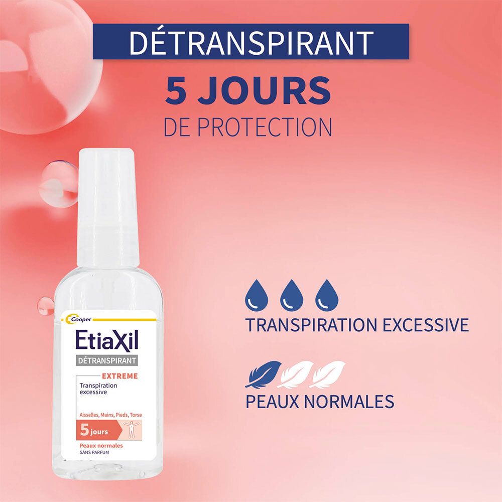 Etiaxil Deodorant Spray, Flasche. Text: 5 Tage Schutz, Transpiration excessive, Peaux normales. Symbole: Tropfen, Federn.