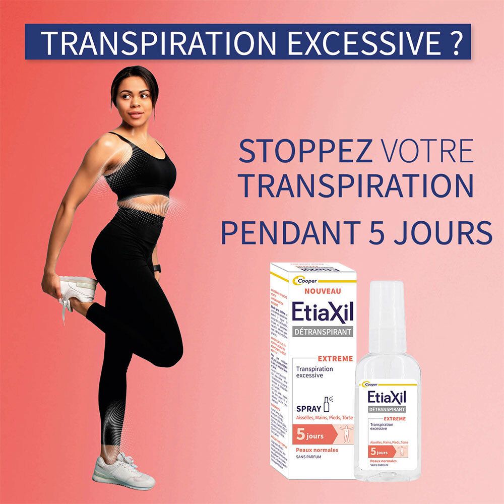 Frau in Sportkleidung. Neben ihr: Etiaxil Deodorant Spray und Verpackung. Text: Stoppen Sie das Schwitzen für 5 Tage.