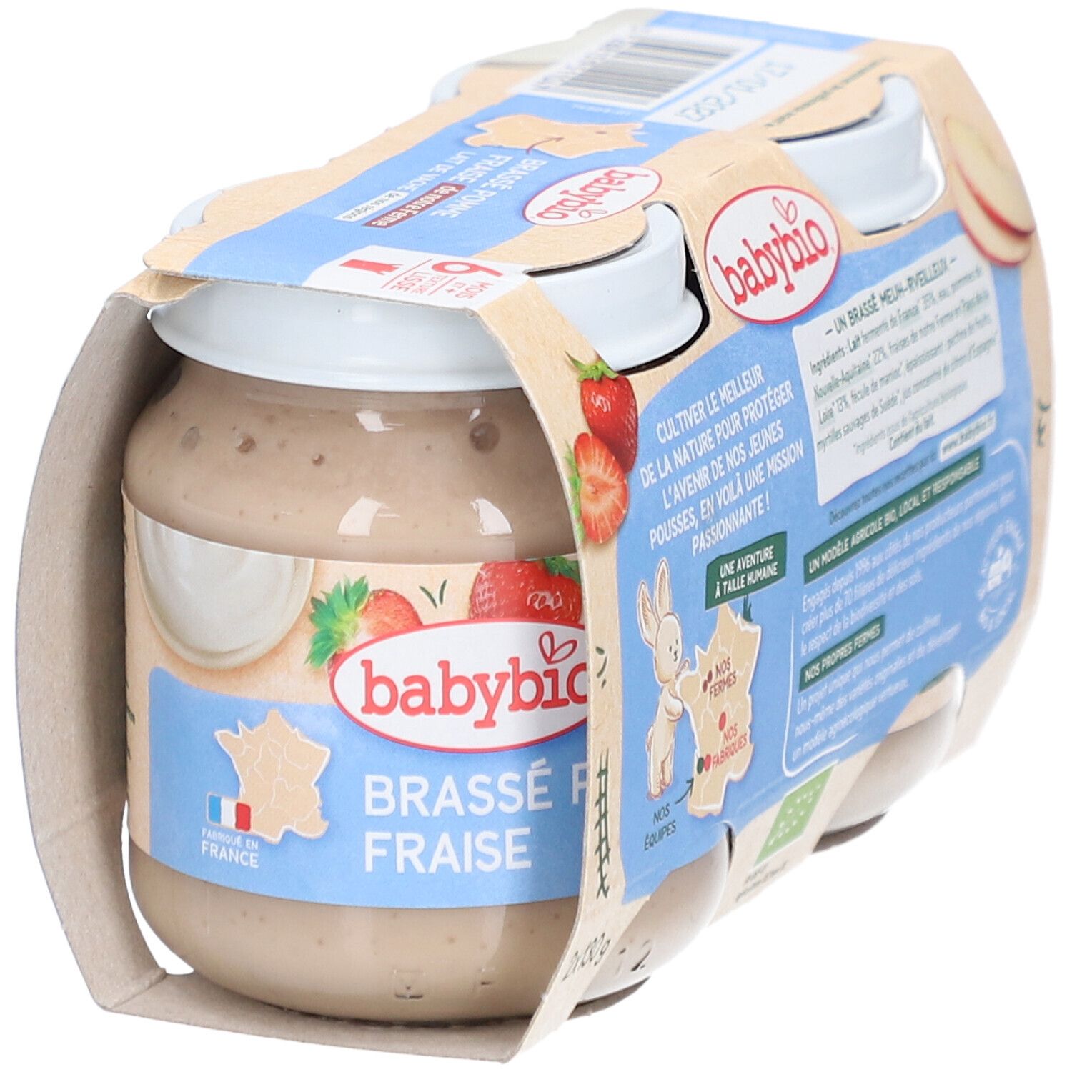 Emballage de pots de nourriture pour bébé. Inscription : Brassé Pomme Fraise, 6 mois, sans sucres ajoutés. Avec fraises et pomme.