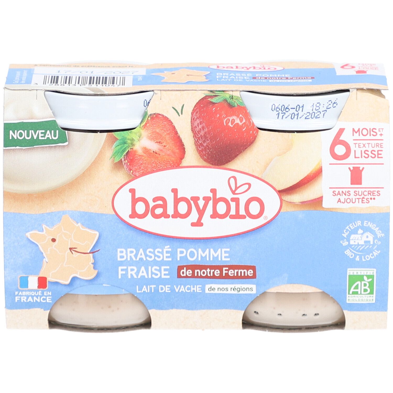 Emballage de pots de nourriture pour bébé. Inscription : Brassé Pomme Fraise, 6 mois, sans sucres ajoutés. Avec fraises et pomme.
