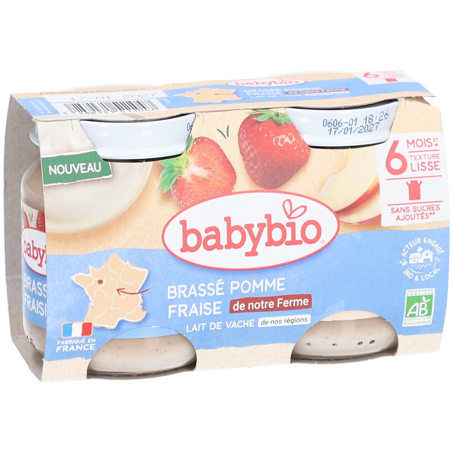 Emballage de pots de nourriture pour bébé. Inscription : Brassé Pomme Fraise, 6 mois, sans sucres ajoutés. Avec fraises et pomme.