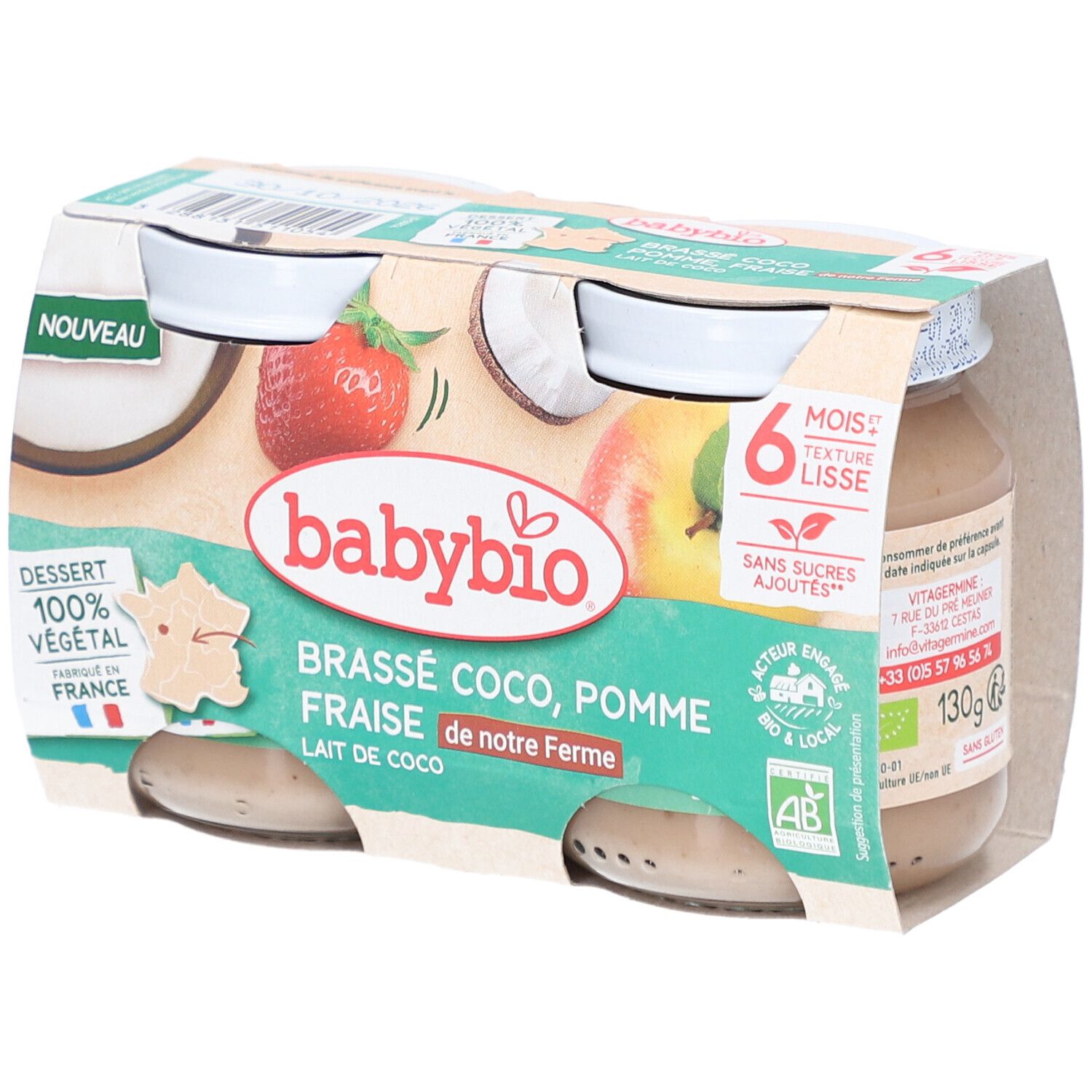 Pack de quatre pots de Babybio. Inscriptions: Babybio, Brassé Coco, Pomme Fraise, 6 mois, texture lisse, Dessert 100% végétal.