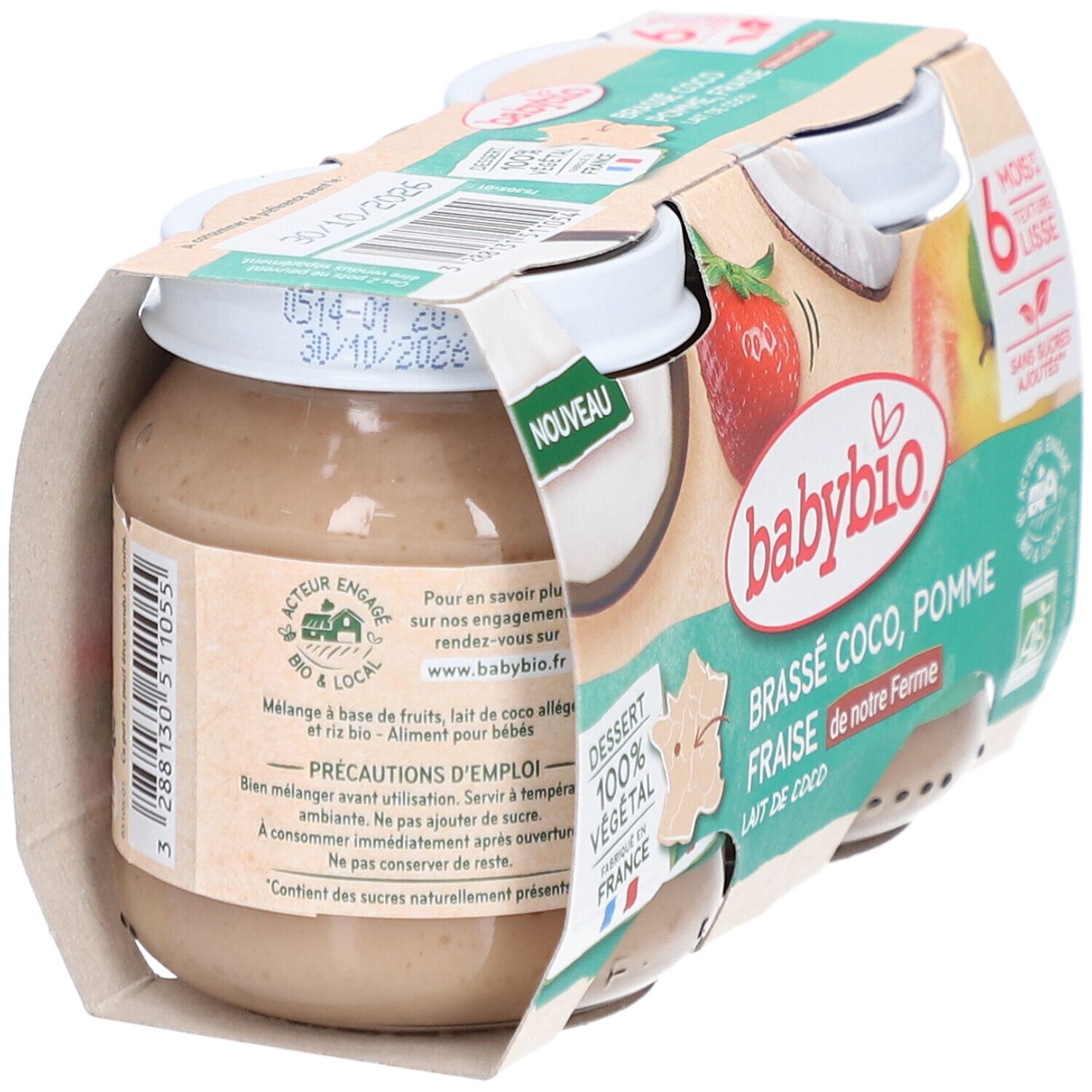 Pack de quatre pots de Babybio. Inscriptions: Babybio, Brassé Coco, Pomme Fraise, 6 mois, texture lisse, Dessert 100% végétal. Ingrédients au dos.
