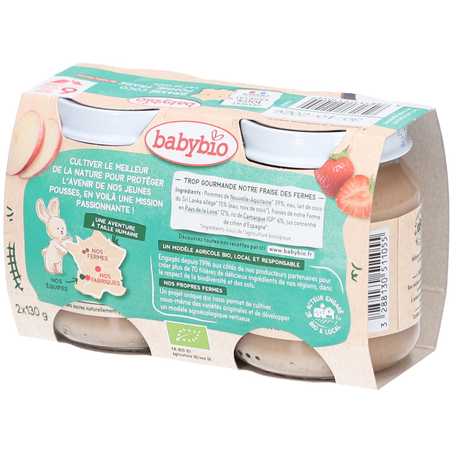 Pack de quatre pots de Babybio. Inscriptions: Babybio, Brassé Coco, Pomme Fraise, 6 mois, texture lisse, Dessert 100% végétal. Ingrédients au dos.