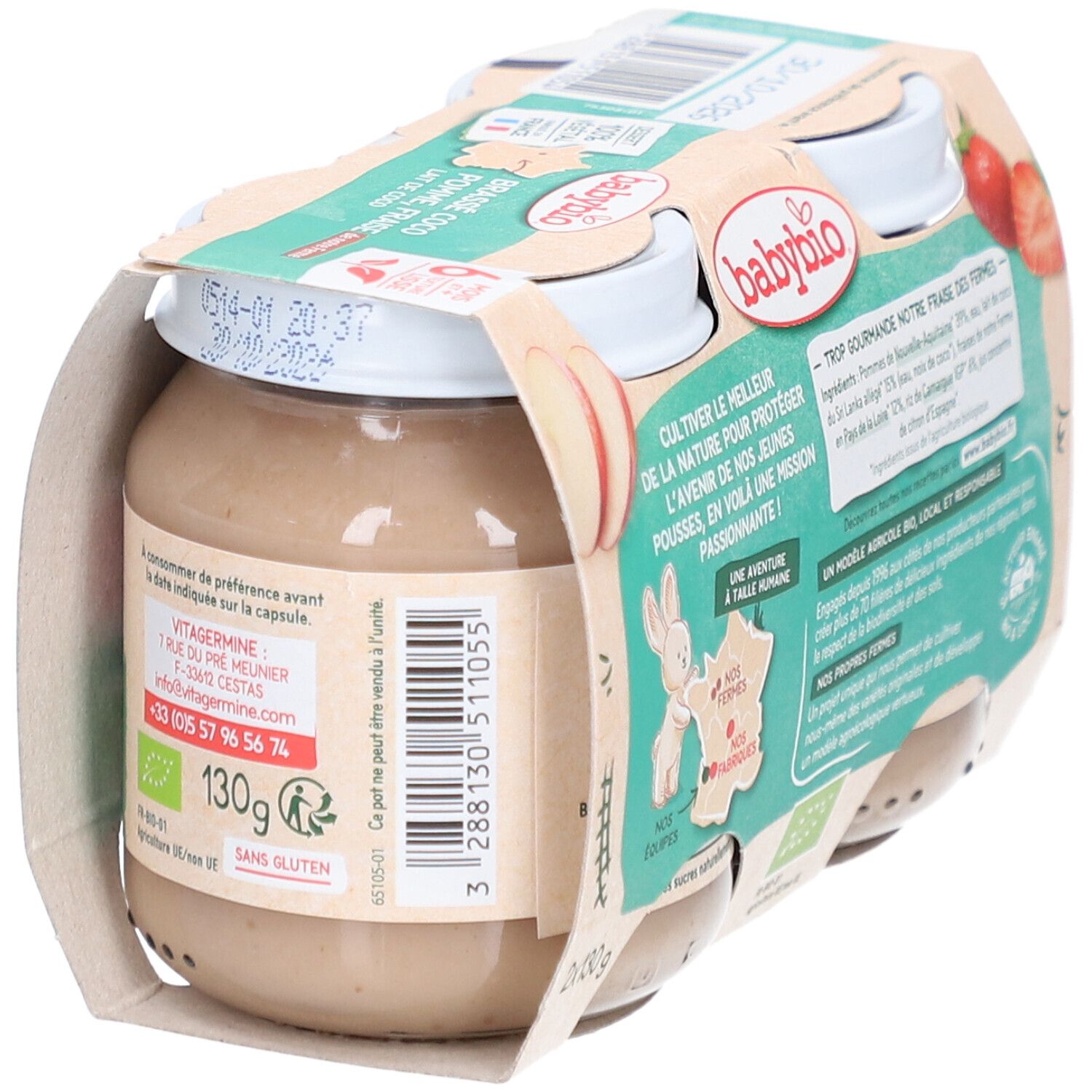 Pack de quatre pots de Babybio. Inscriptions: Babybio, Brassé Coco, Pomme Fraise, 6 mois, texture lisse, Dessert 100% végétal. Ingrédients au dos.