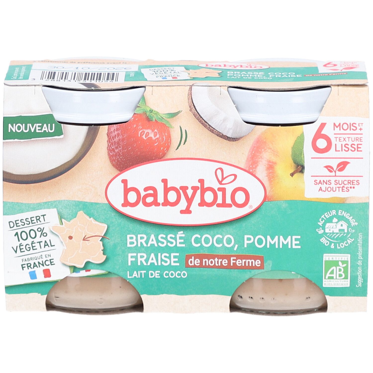 Pack de quatre pots de Babybio. Inscriptions: Babybio, Brassé Coco, Pomme Fraise, 6 mois, texture lisse, Dessert 100% végétal.
