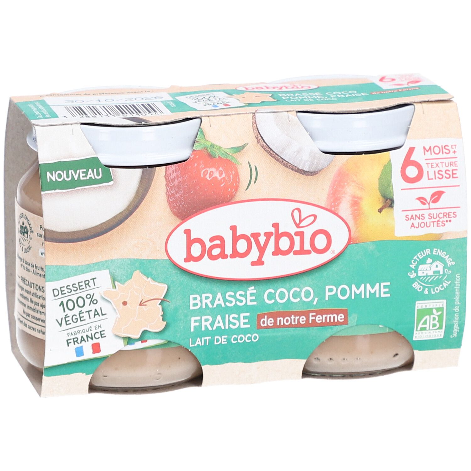 Pack de quatre pots de Babybio. Inscriptions: Babybio, Brassé Coco, Pomme Fraise, 6 mois, texture lisse, Dessert 100% végétal.