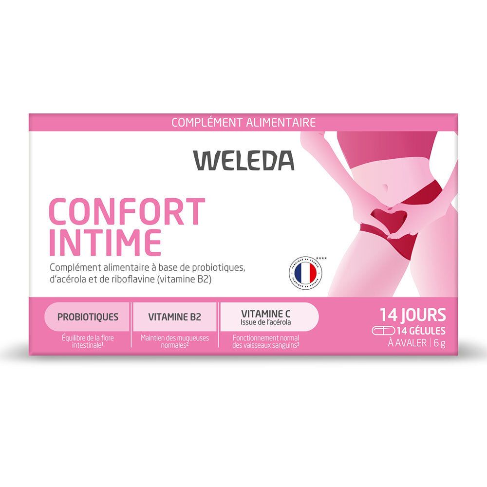 Boîte de WELEDA CONFORT INTIME. Design rose et blanc. Contient 14 gélules. Drapeau français. Ingrédients : probiotiques, vitamine B2, vitamine C.
