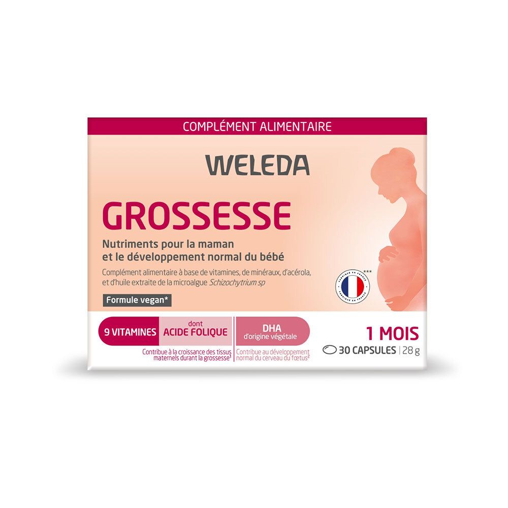 Boîte WELEDA GROSSESSE CAPS 30. Rose et blanche, avec nom du produit, ingrédients et silhouette d'une femme enceinte.