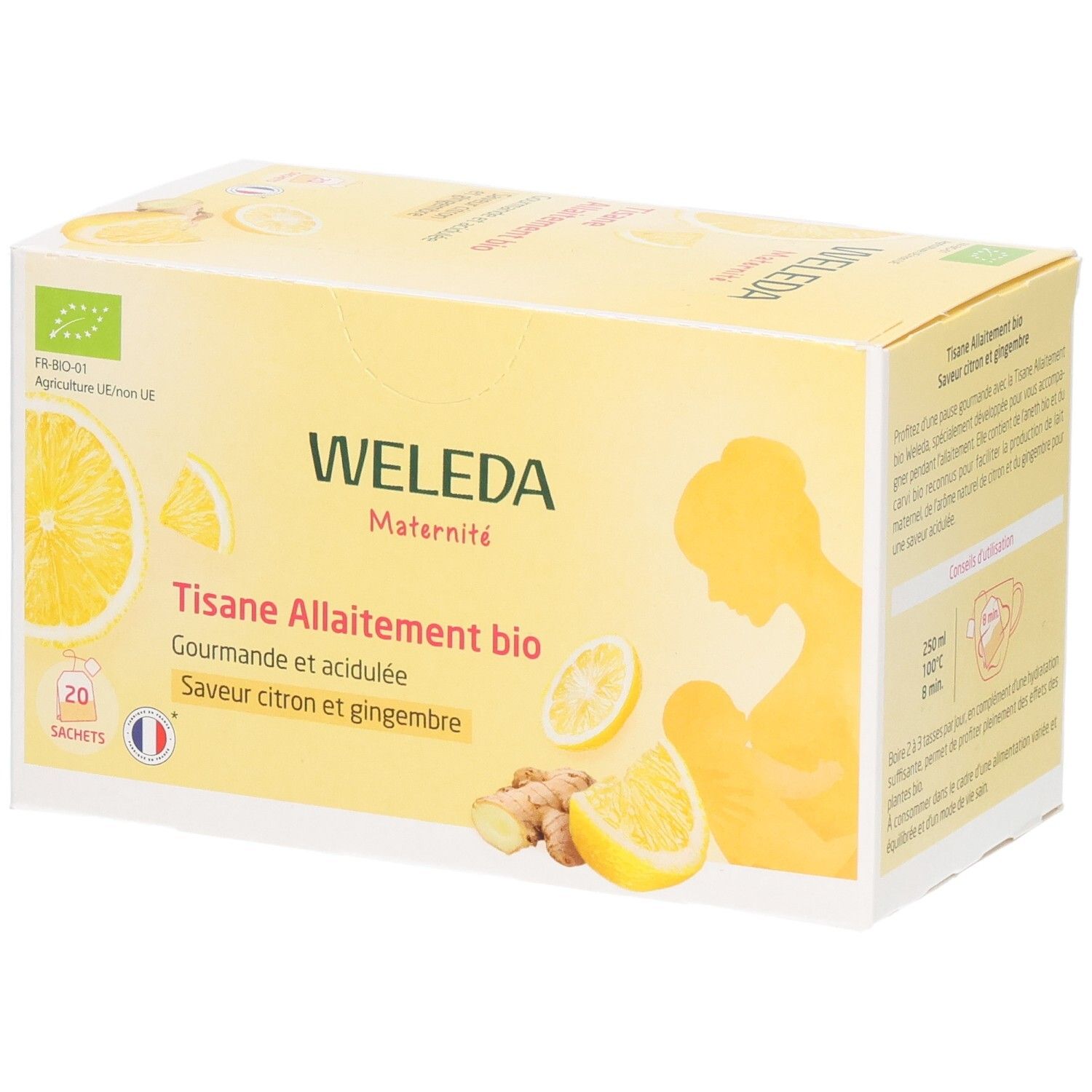 Gelbe Schachtel mit Weleda Maternité Tisane Allaitement bio. 20 Beutel, Zitrone-Ingwer. Bio-Siegel, Illustration einer stillenden Frau.