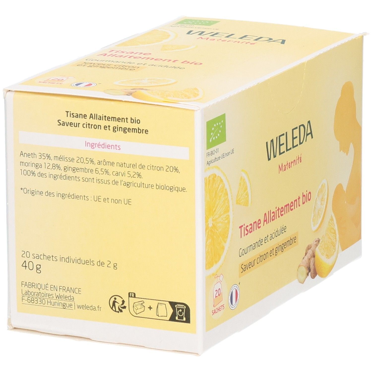 Gelbe Schachtel Weleda Maternité Tisane Allaitement bio. Zutatenliste, 20 Beutel, 40g. Bio-Siegel. Hergestellt in Frankreich.