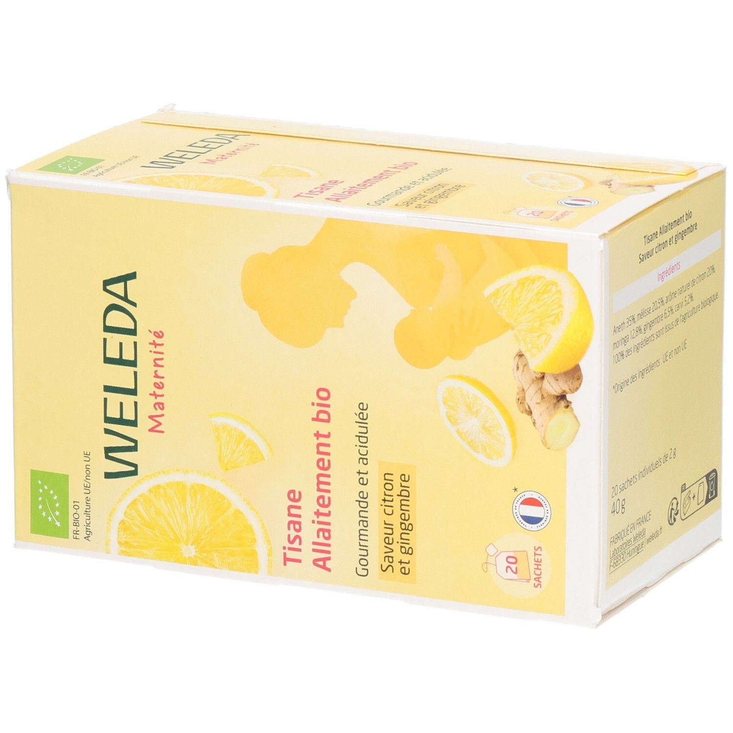 Gelbe Schachtel Weleda Maternité Tisane Allaitement bio. 20 Beutel, Zitrone-Ingwer. Bio-Siegel, Illustration einer stillenden Frau.