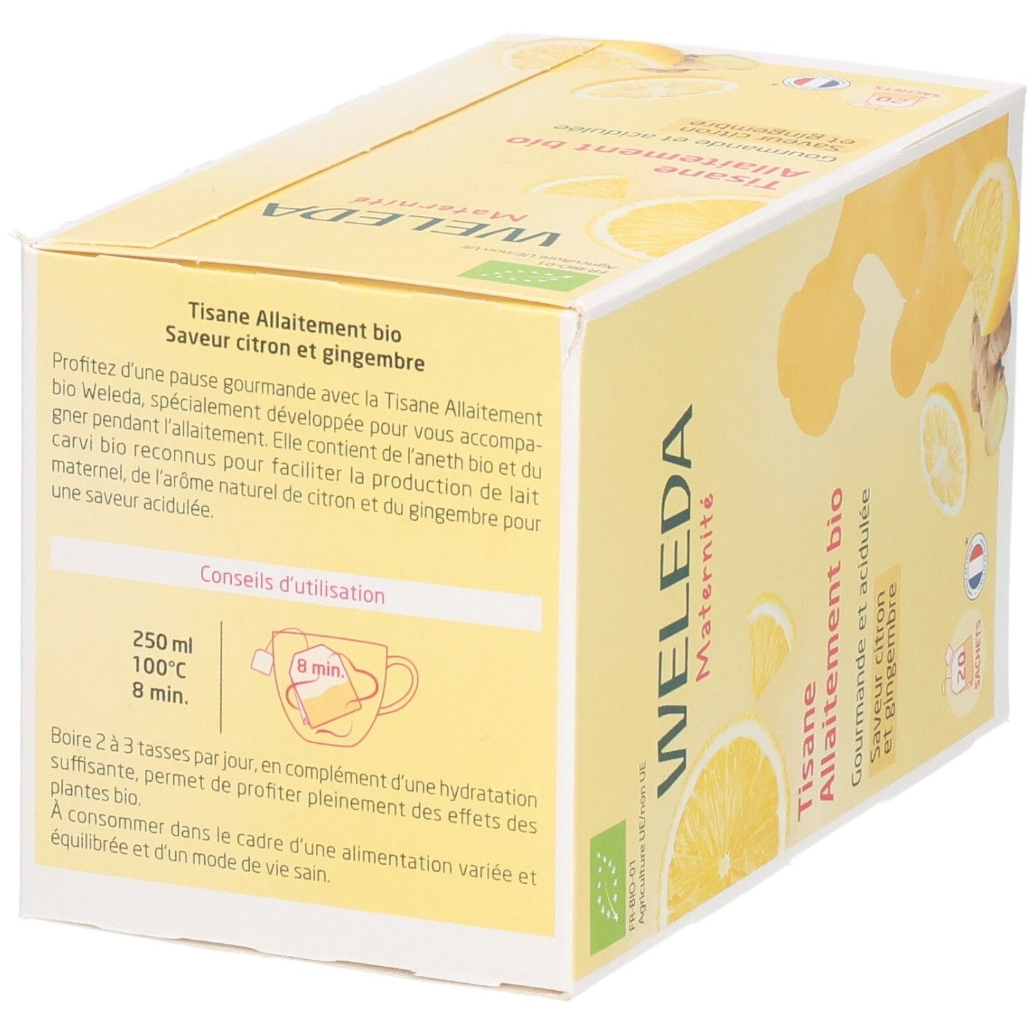 Gelbe Schachtel Weleda Maternité Tisane Allaitement bio. Gebrauchsanweisung, 250ml Wasser, 8min ziehen lassen. Bio-Siegel.