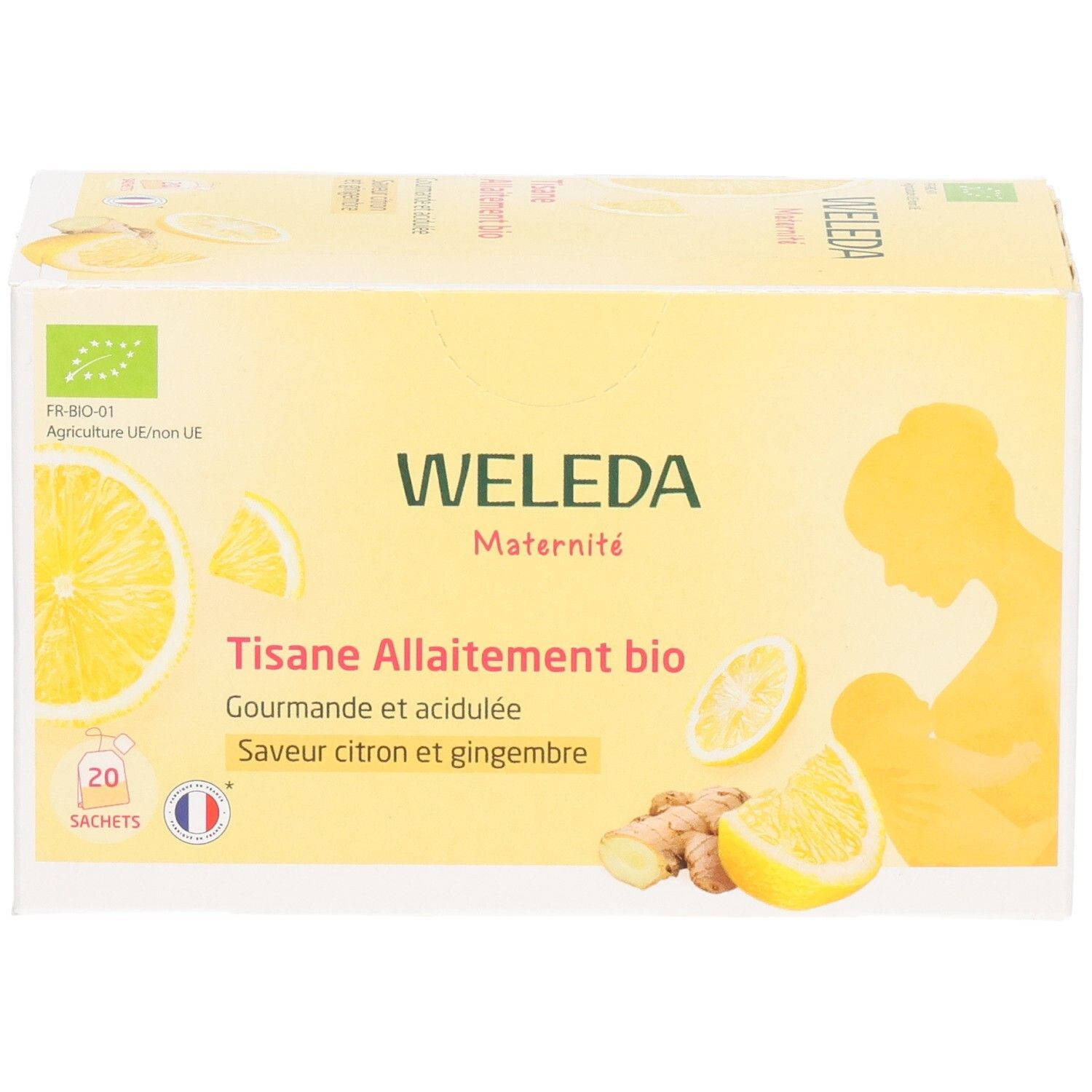 Gelbe Schachtel Weleda Maternité Tisane Allaitement bio. 20 Beutel, Zitrone-Ingwer. Bio-Siegel, Illustration einer stillenden Frau.