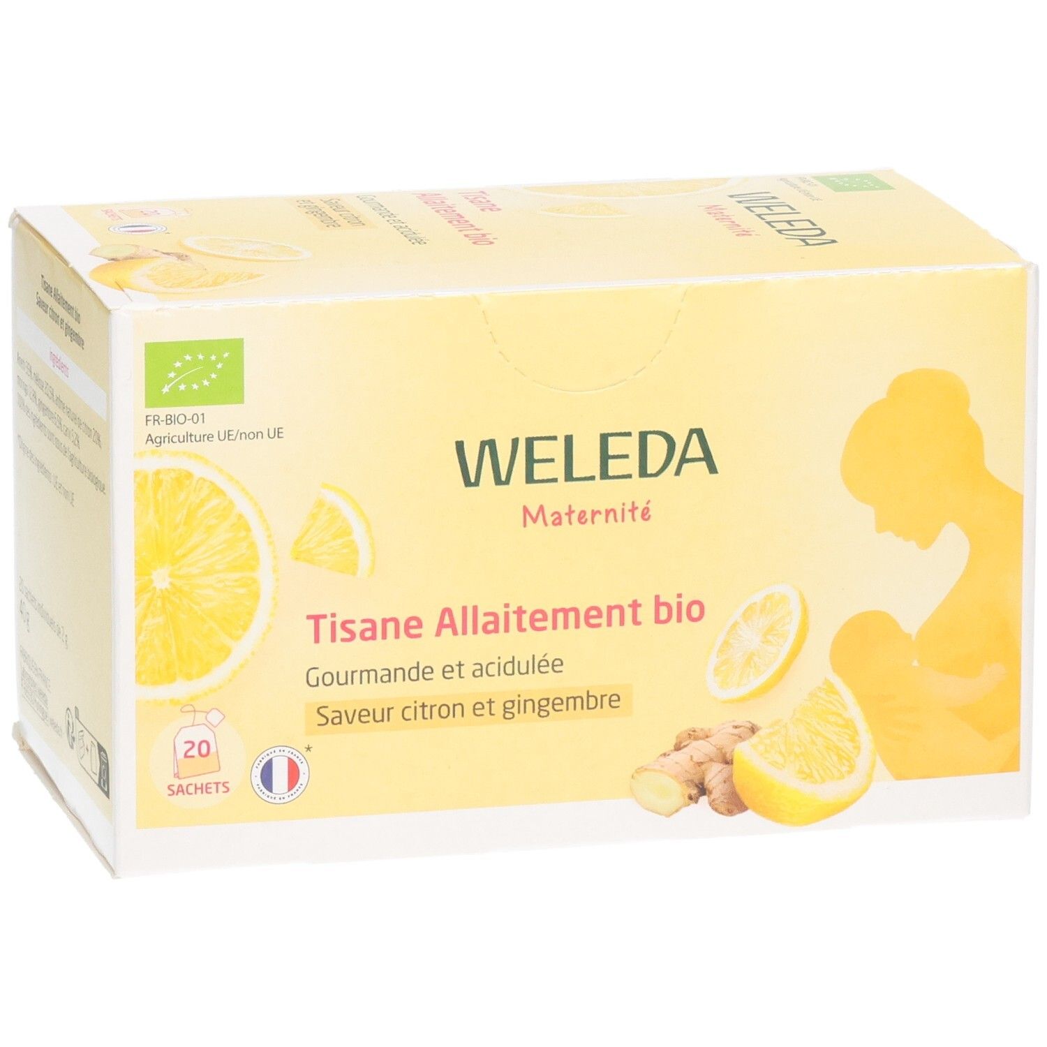 Gelbe Schachtel Weleda Maternité Tisane Allaitement bio. 20 Beutel, Zitrone-Ingwer. Bio-Siegel, Illustration einer stillenden Frau.