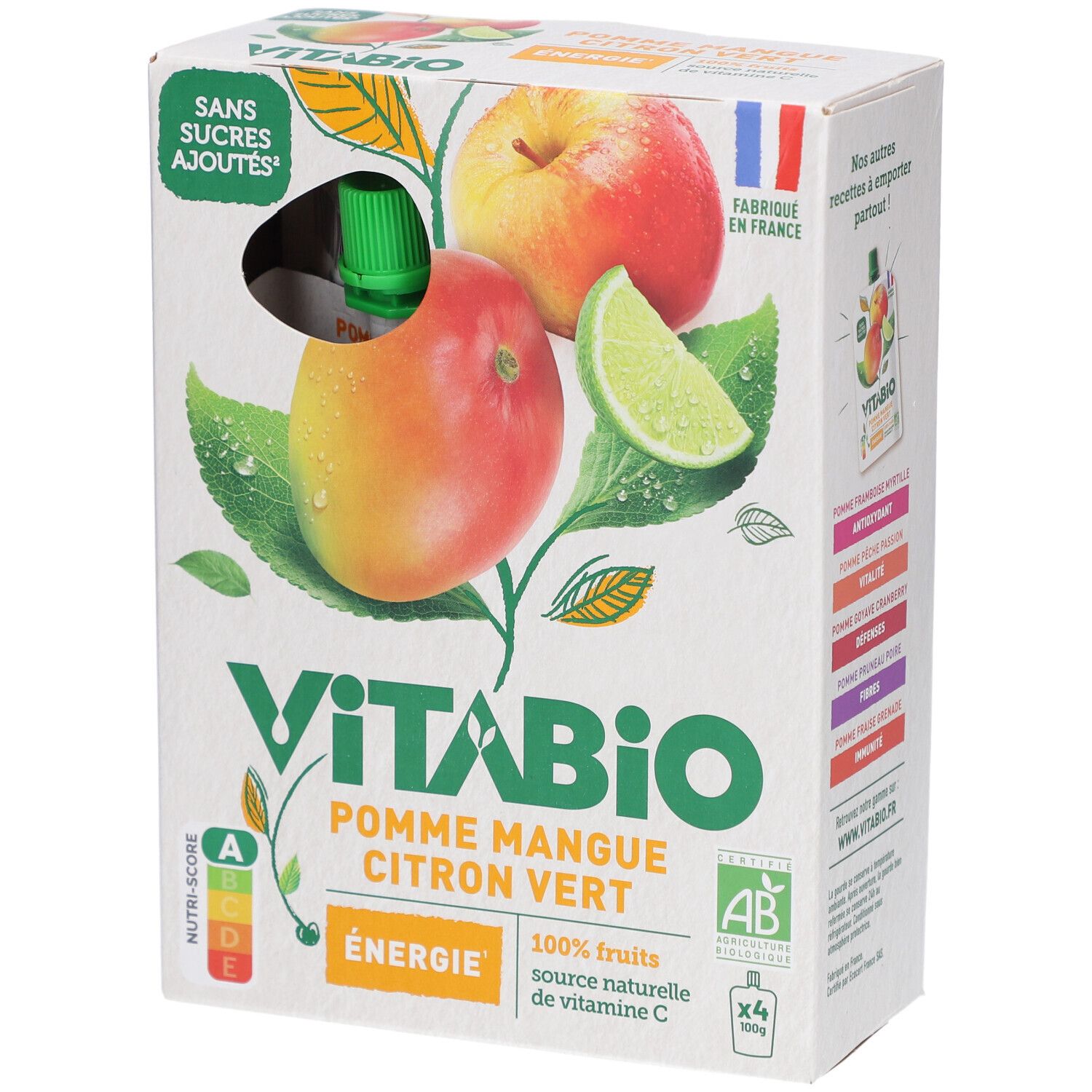 Verpackung mit VITABIO-Fruchtpürees. Apfel, Mango, Limette. 4 Beutel. Ohne Zuckerzusatz. Hergestellt in Frankreich. Bio-Siegel.