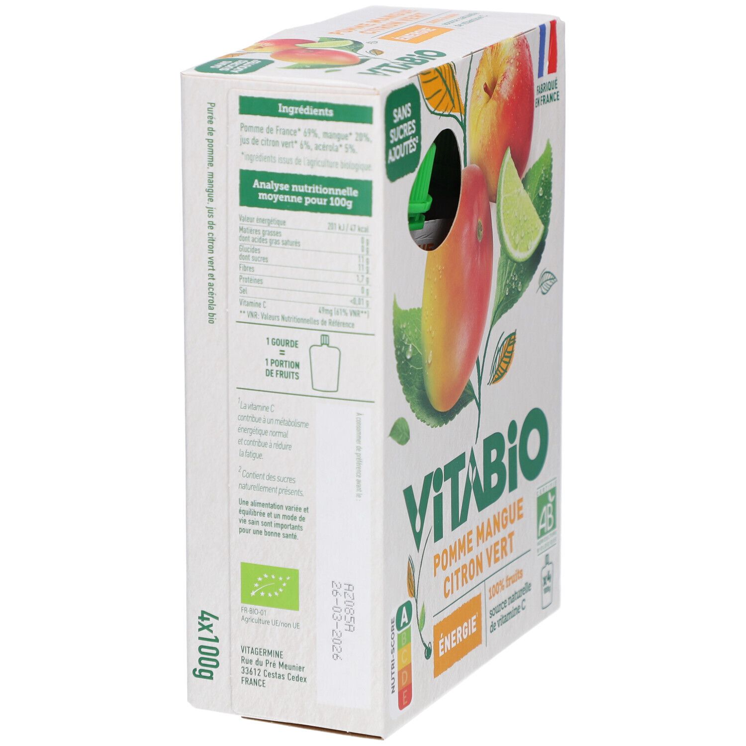 Verpackung mit VITABIO-Fruchtpürees. Zutatenliste und Nährwertangaben. 4 Beutel à 100g. Bio-Siegel. Mindesthaltbarkeitsdatum.