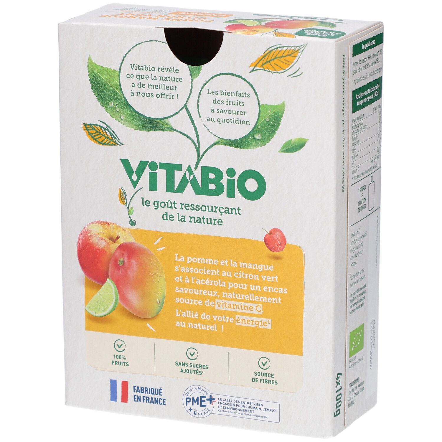 Verpackung mit VITABIO-Fruchtpürees. Apfel, Mango, Limette. 4 Beutel. Ohne Zuckerzusatz. Hergestellt in Frankreich. Bio-Siegel.