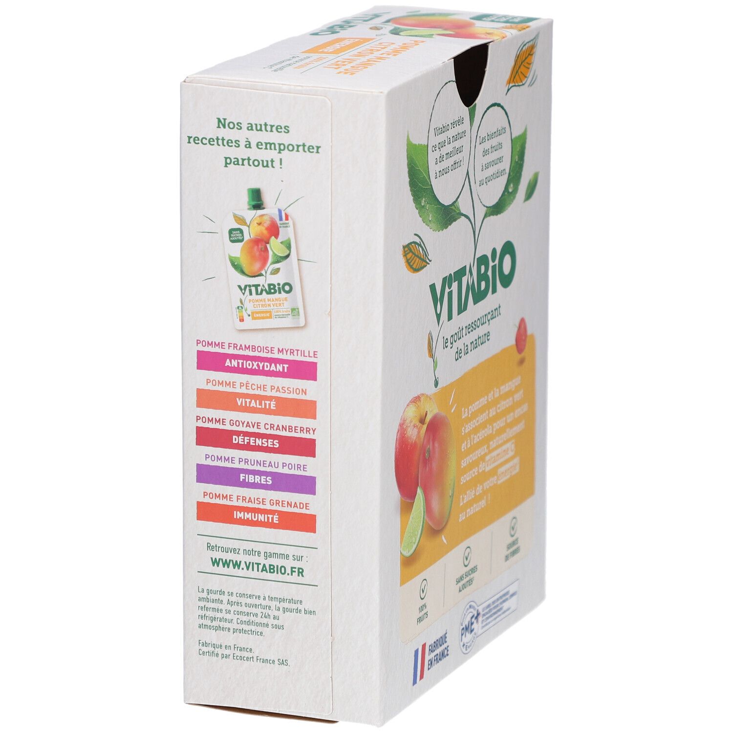 Verpackung mit VITABIO-Fruchtpürees. Verschiedene Geschmacksrichtungen. 4 Beutel à 100g. Hergestellt in Frankreich. Bio-Siegel.