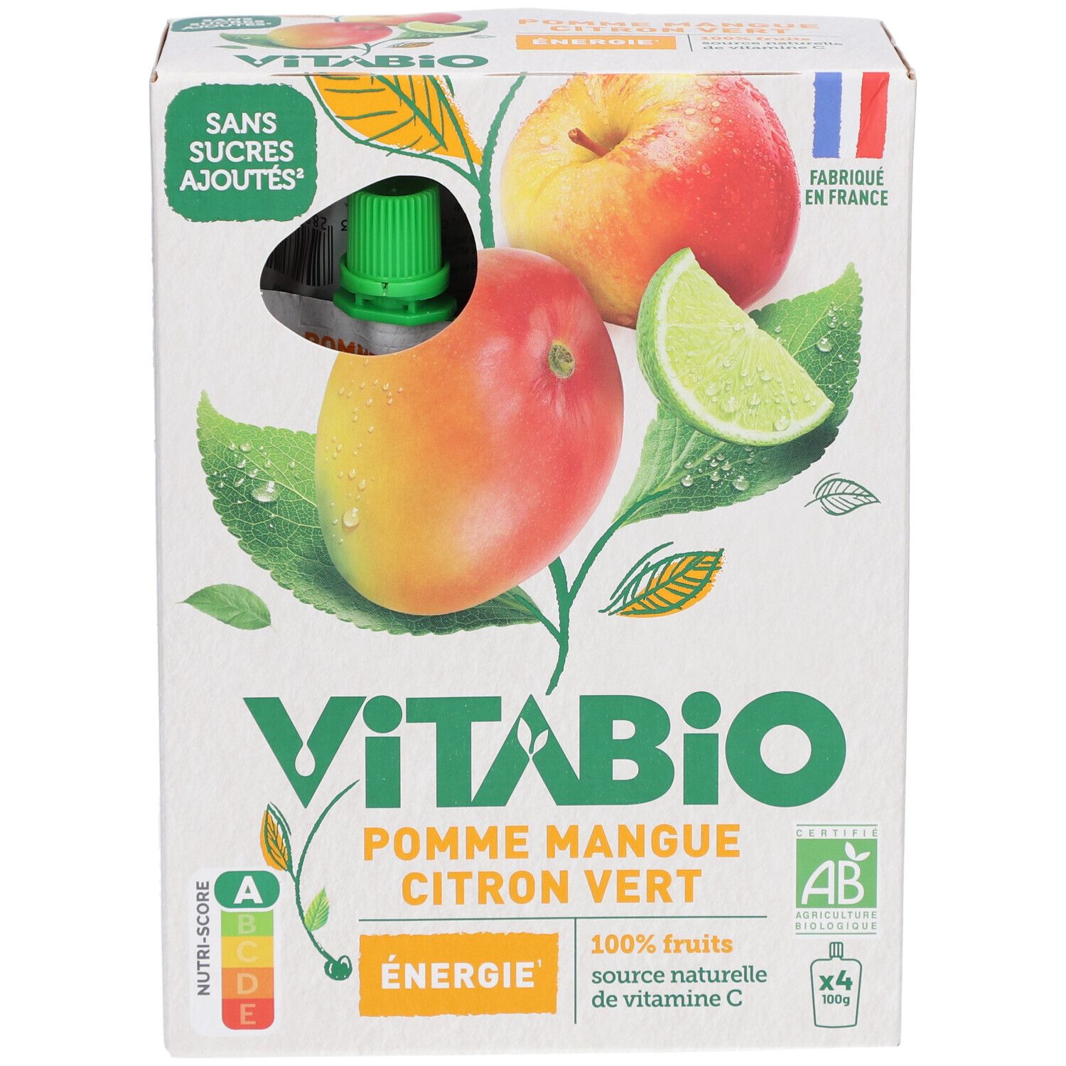 Verpackung mit VITABIO-Fruchtpürees. Apfel, Mango, Limette. 4 Beutel. Ohne Zuckerzusatz. Hergestellt in Frankreich. Bio-Siegel.