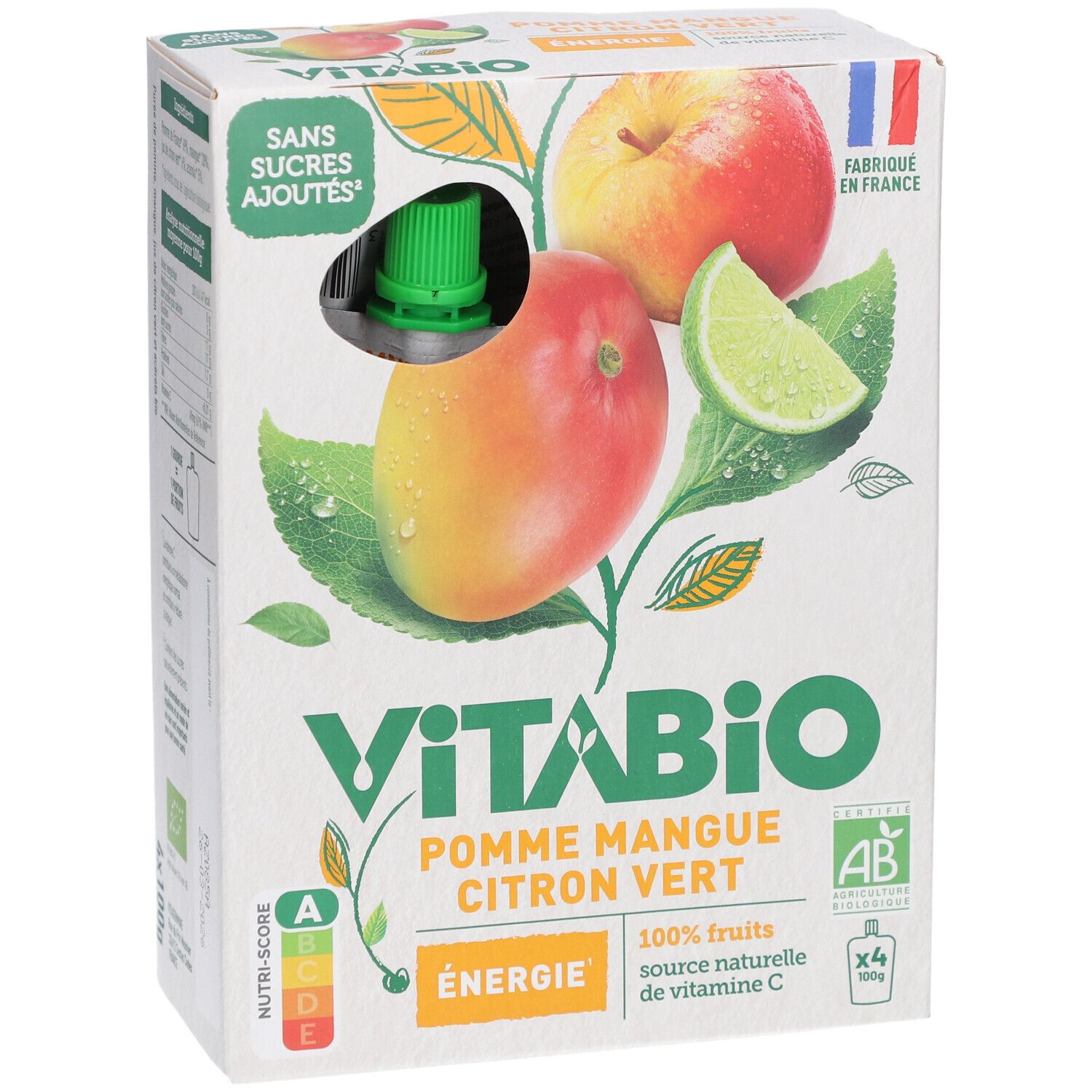 Verpackung mit VITABIO-Fruchtpürees. Apfel, Mango, Limette. 4 Beutel. Ohne Zuckerzusatz. Hergestellt in Frankreich. Bio-Siegel.
