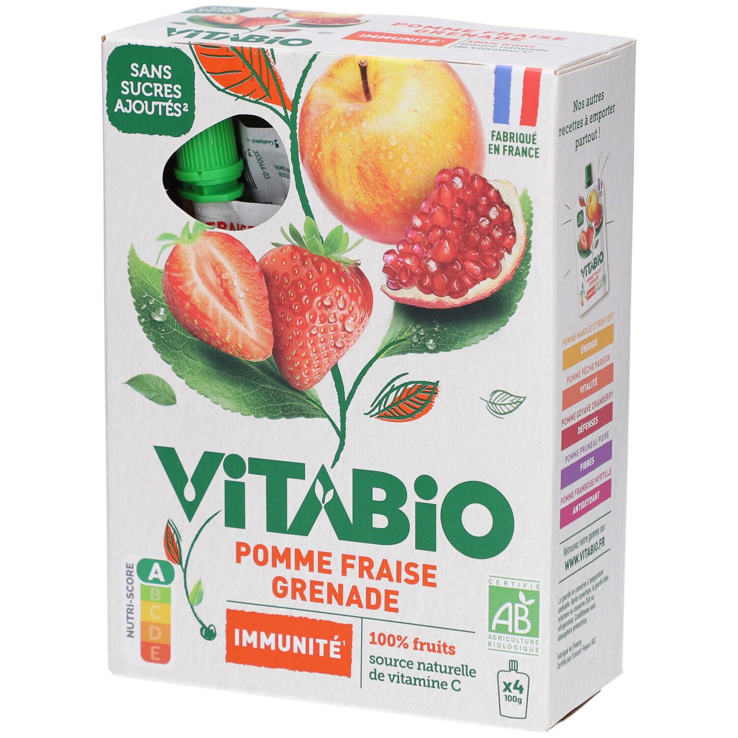 Verpackung mit VITABIO Gourdes de Fruits Pomme Fraise Grenade. Enthält 4 Beutel. Mit Bio-Siegel und französischem Flaggen-Logo.