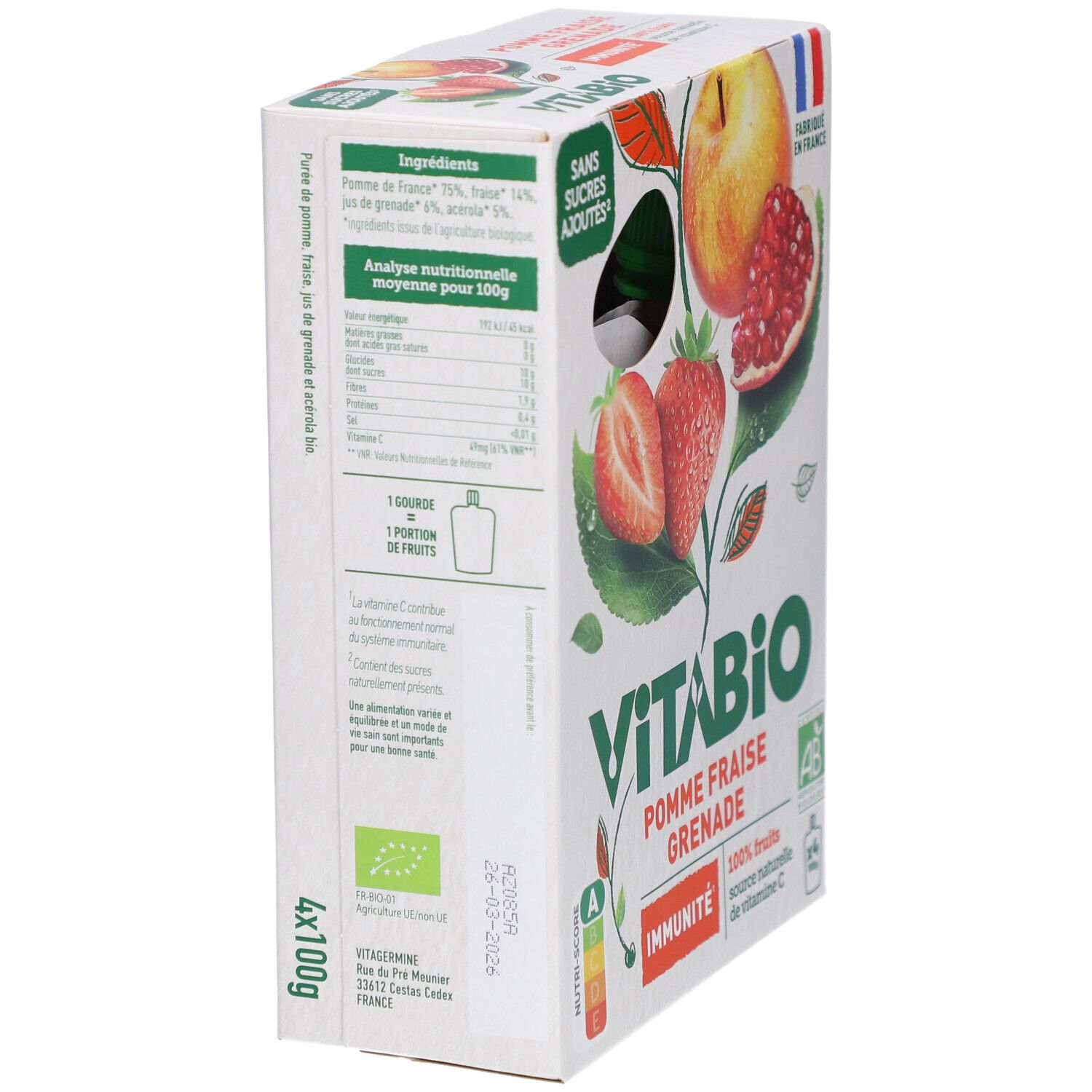 Verpackung VITABIO Gourdes de Fruits Pomme Fraise Grenade. Nährwertangaben und Zutatenliste auf der Seite. Bio-Siegel.