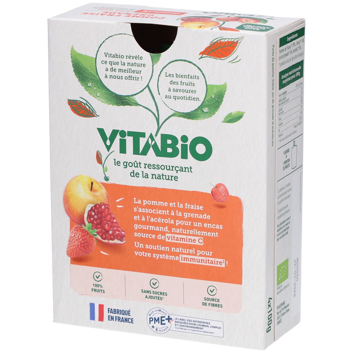VITABIO Gourdes de Fruits Pomme Fraise Grenade Verpackung. Text: 'le goût ressourçant de la nature'. Französische Flagge und Bio-Siegel.