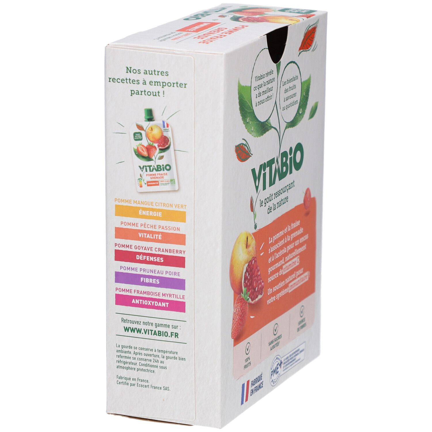 VITABIO Gourdes de Fruits Pomme Fraise Grenade Verpackung. Rückseite mit Produktvarianten. Französische Flagge.