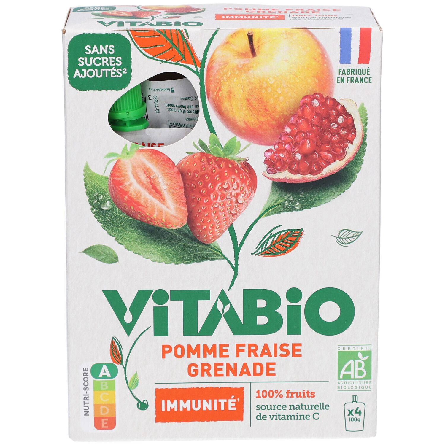 Verpackung VITABIO Gourdes de Fruits Pomme Fraise Grenade. Enthält 4 Beutel. Mit Bio-Siegel und französischem Flaggen-Logo.