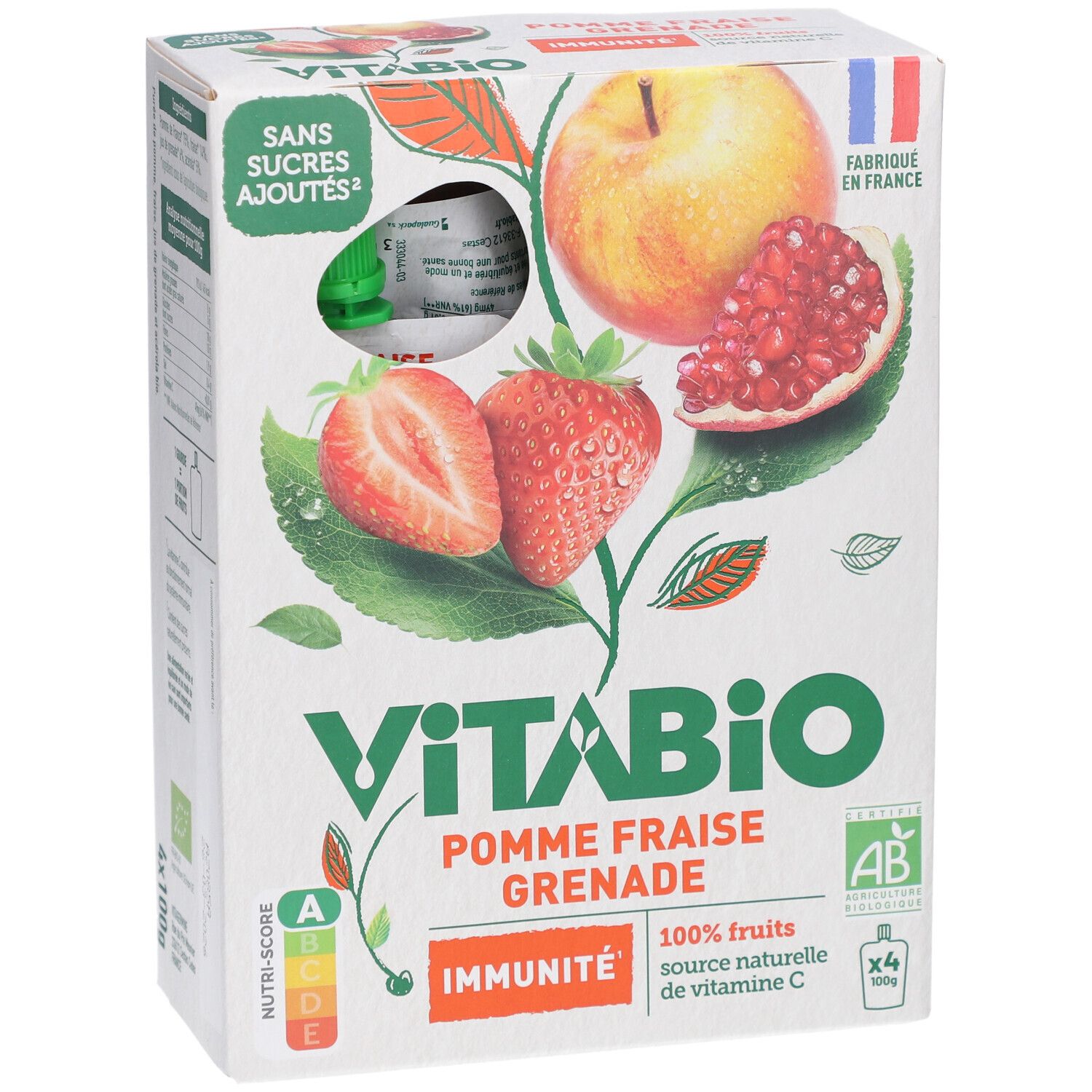 Verpackung VITABIO Gourdes de Fruits Pomme Fraise Grenade. Enthält 4 Beutel. Mit Bio-Siegel und französischem Flaggen-Logo.