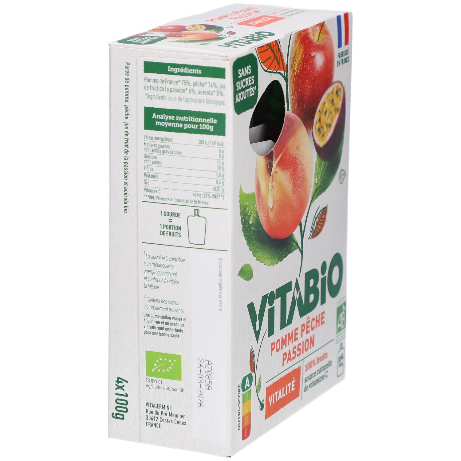 Rückseite der Verpackung mit Zutatenliste und Nährwertangaben. Text: VITABIO, Pomme Pêche Passion, 4x100g, AB-Siegel, ohne Zuckerzusatz.