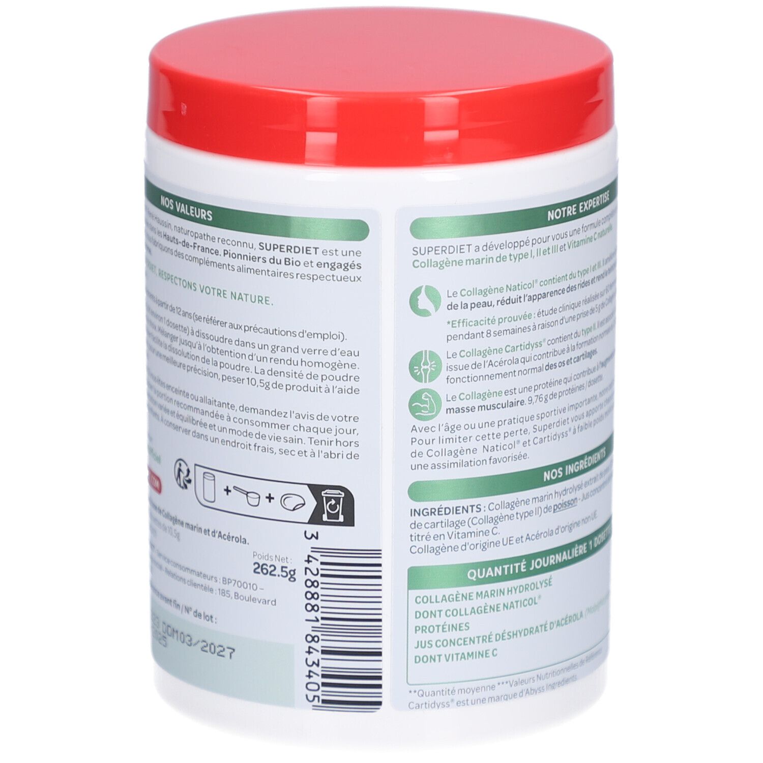 Rückseite des weißen Produkttopfes mit rotem Deckel. Text über Inhaltsstoffe und Anwendung. Grün-weißes Etikett.