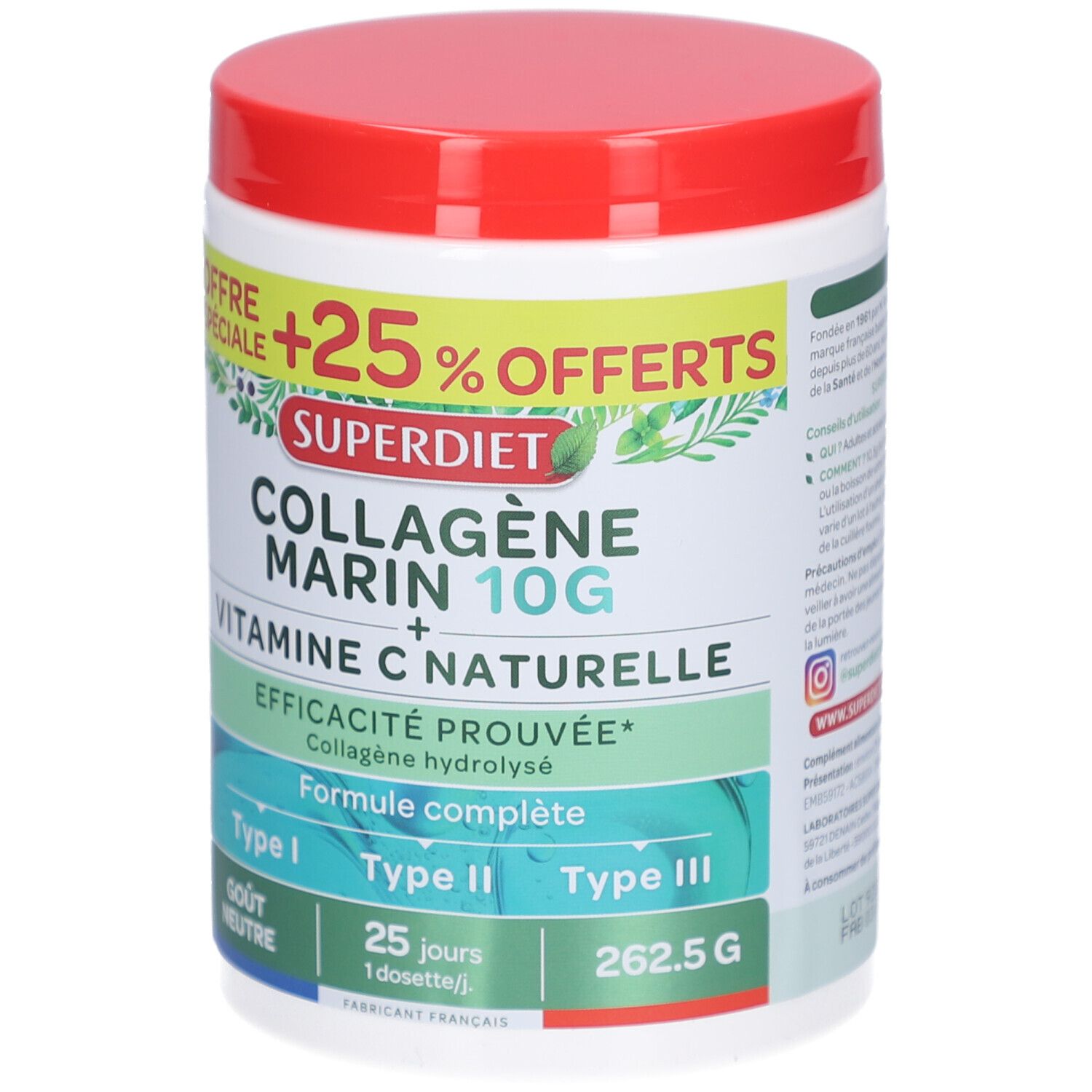 Weißes Produktglas mit rotem Deckel. Aufschrift: SUPERDIET COLLAGÈNE MARIN 10G + VITAMINE C NATURELLE. Grün-weiße Etiketten.
