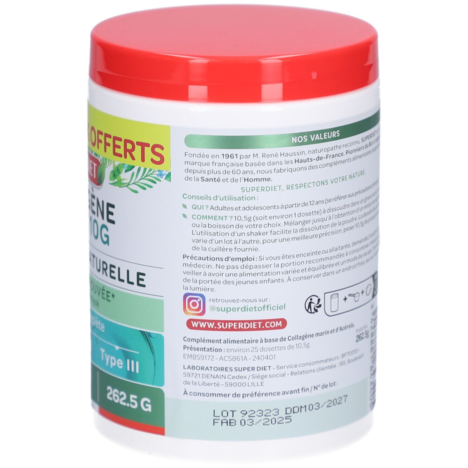 Rückseite des weißen Produkttopfes mit rotem Deckel. Text über Inhaltsstoffe und Anwendung. Grün-weißes Etikett.