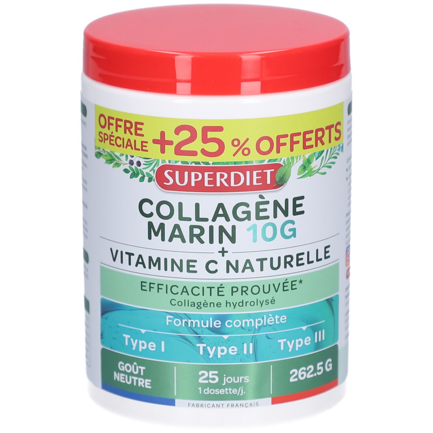 Weißes Produktglas mit rotem Deckel. Aufschrift: SUPERDIET COLLAGÈNE MARIN 10G + VITAMINE C NATURELLE. Grün-weiße Etiketten.